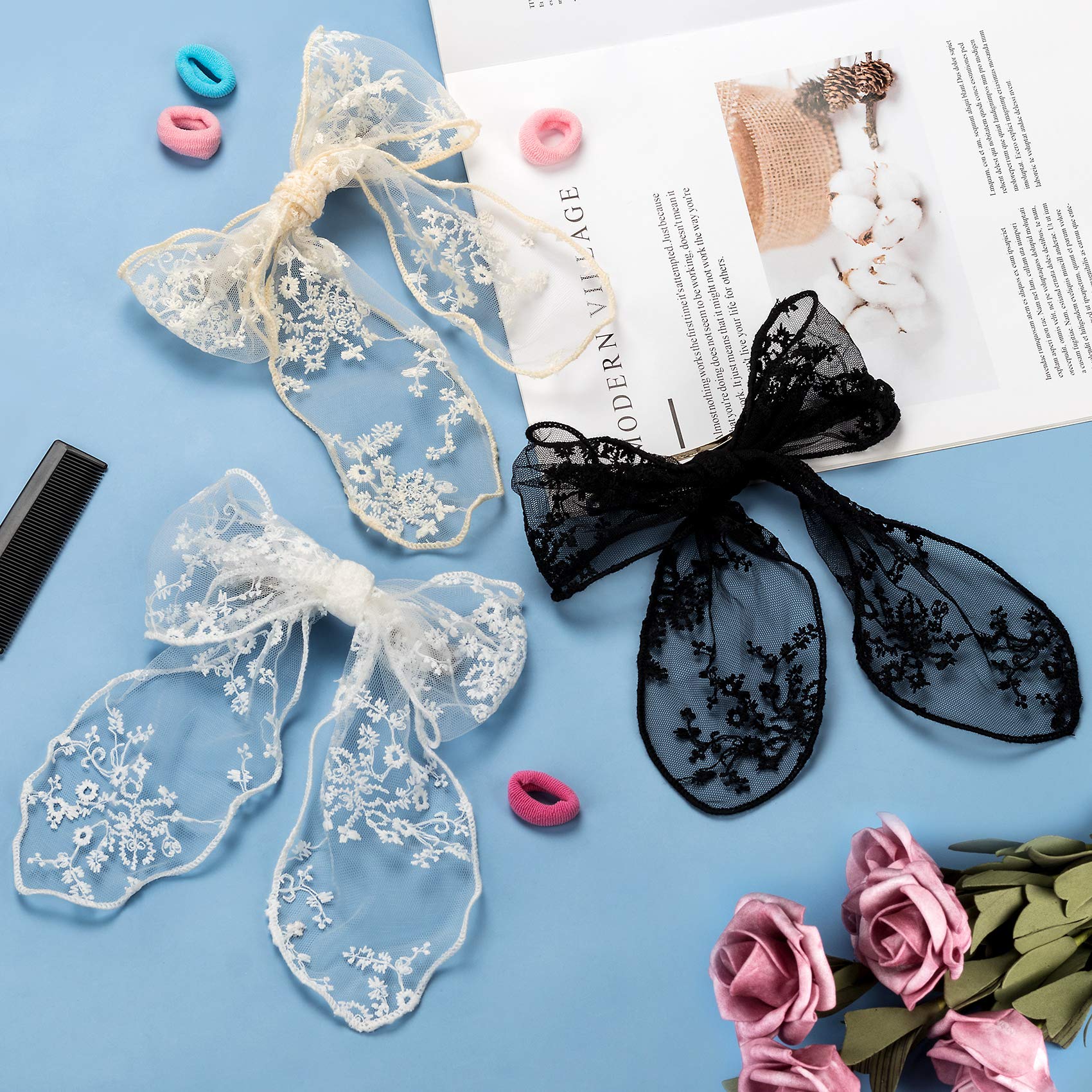 PAGOW 3PCS Lace Bow Hair Clips - Korean Style Floral Hair Barrettes for Women & Girls | Handmade Hair Accessories in White, Black, Beige | Perfect for Weddings, Parties & Daily Styling