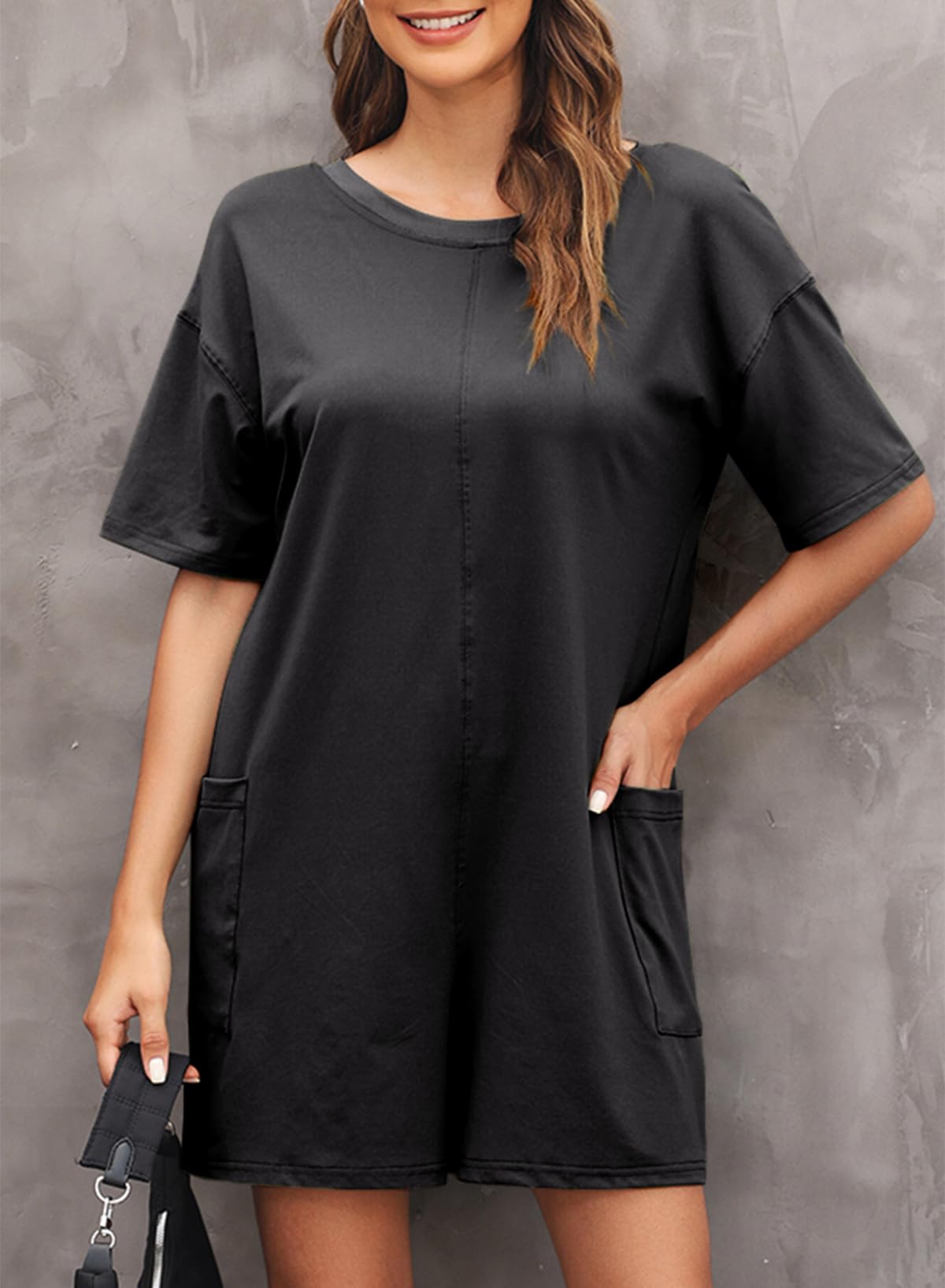 Happy Sailed Women's Casual Loose Crewneck Romper Jumpsuit with Pockets - Comfortable One Piece Short Sleeve Overall for Summer Outfits, Beach Wear and Daily Casual Style