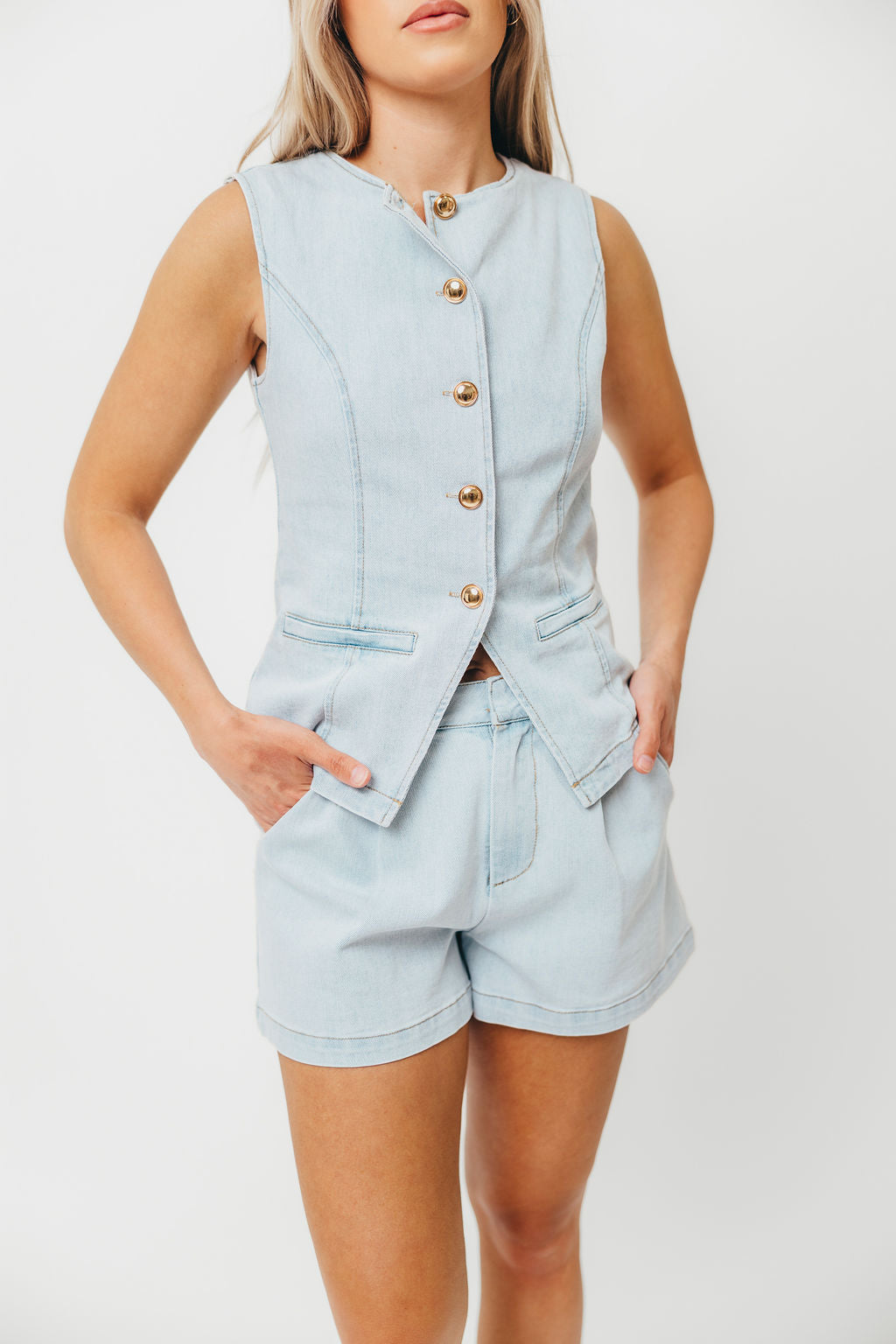 Jayne Light Denim Button Down Sleeveless Vest & Paperbag Shorts Set | Women's Summer Outfit for Beach, Travel & Casual Wear