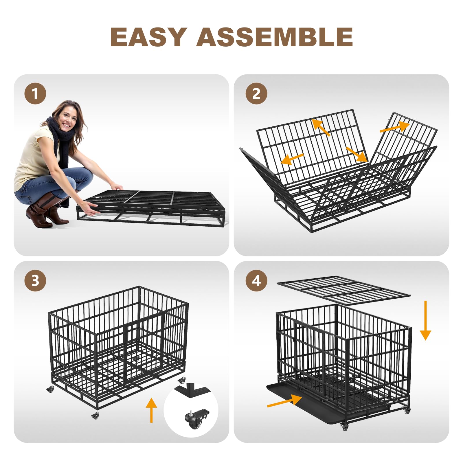 48 Inch Heavy Duty Dog Crate for Large Dogs - Escape Proof Steel Dog Cage with Self-Locking Latch & 4 Lockable Wheels - Indoor Dog Kennel for High Anxiety Pets - Easy to Clean Black Pet Crate - Perfect for Home, Travel, and Vet Visits