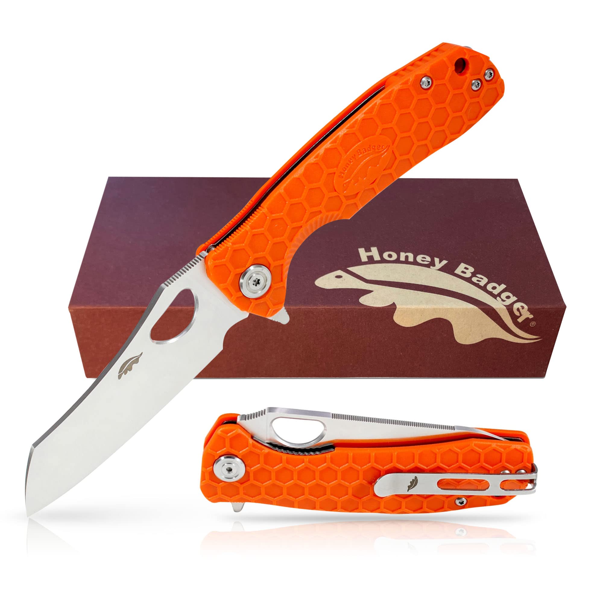 Western Honey Badger Wharncleaver Pocket Knife - 8Cr13Mov Steel Blade, Tactical Folding Knife with Deep Carry Clip for Everyday Carry (EDC), Outdoor Survival, Camping & Hiking - Medium Orange HB1068