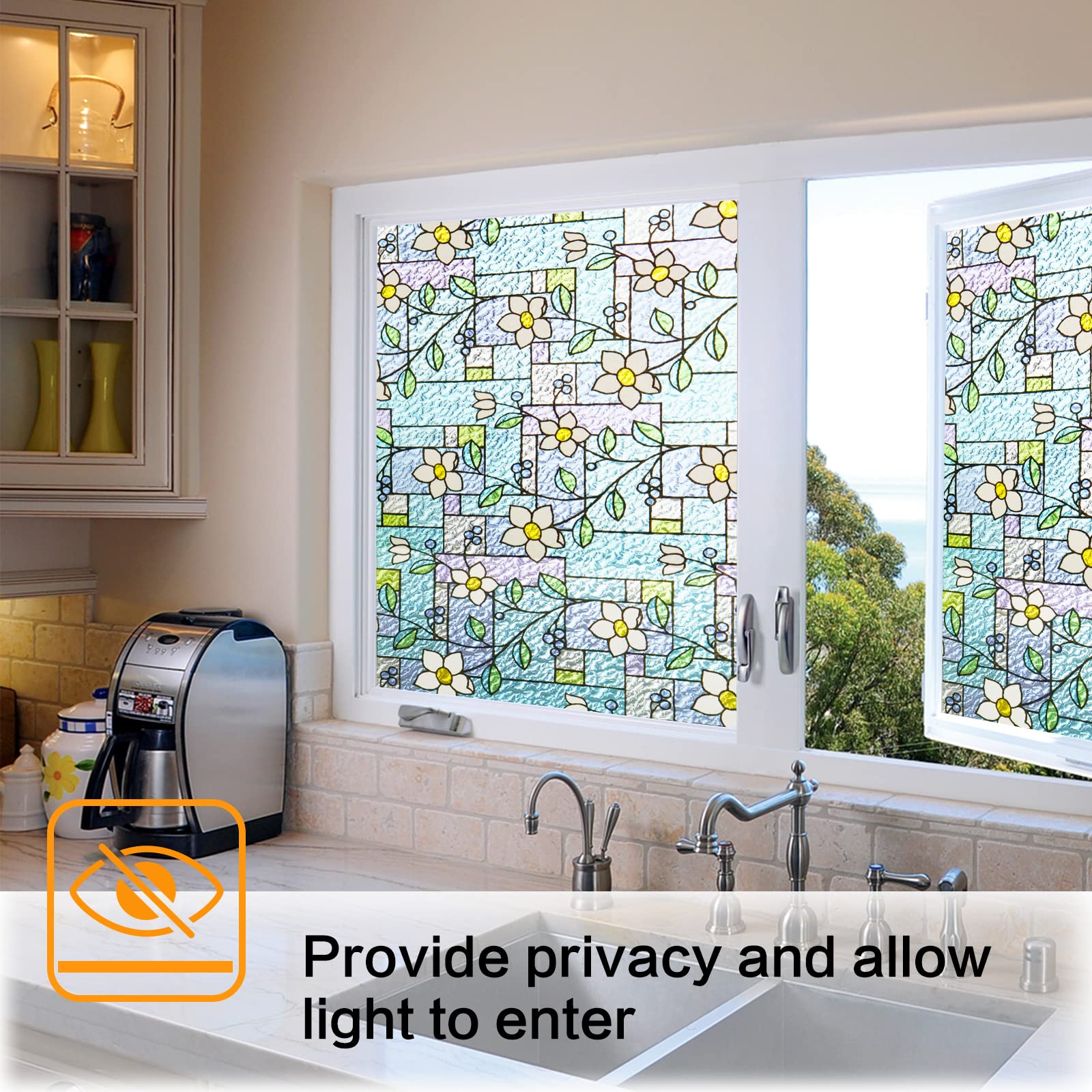 Filmgoo Privacy Window Film - Stained Glass Non-Adhesive Vinyl Static Cling, UV Protection & Decorative Window Tint for Home, Bedroom, Office - Perfect for Enhancing Privacy & Adding Elegant Style to Windows