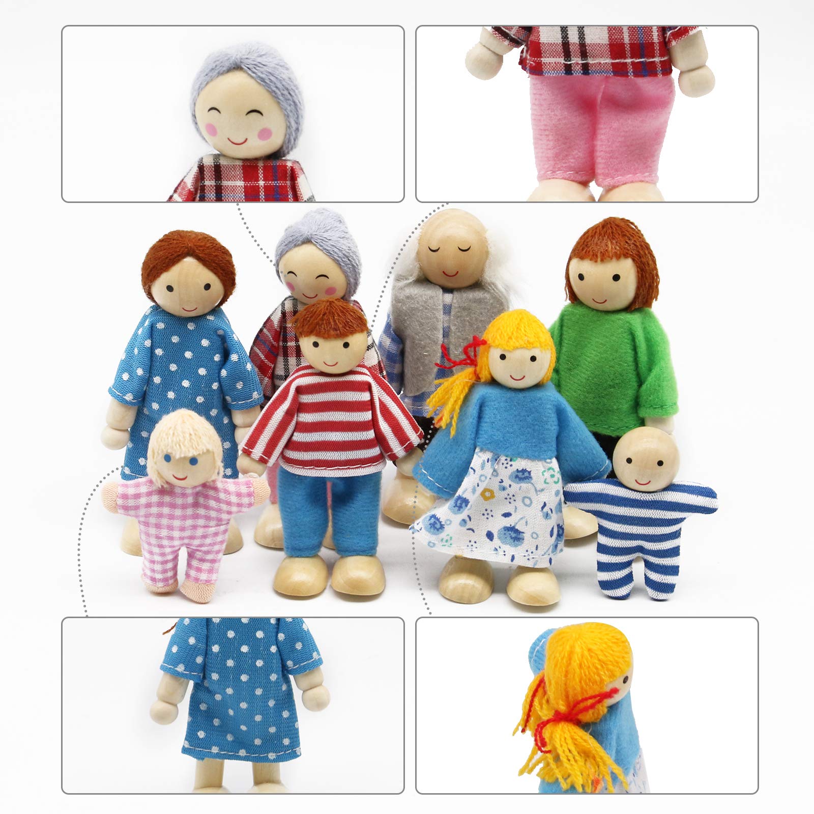 Wooden Dollhouse Family Set - 8 Miniature Doll Figurines for Dollhouse Accessories, Perfect for Kids & Girls Playtime, Pretend Play, and Collectors