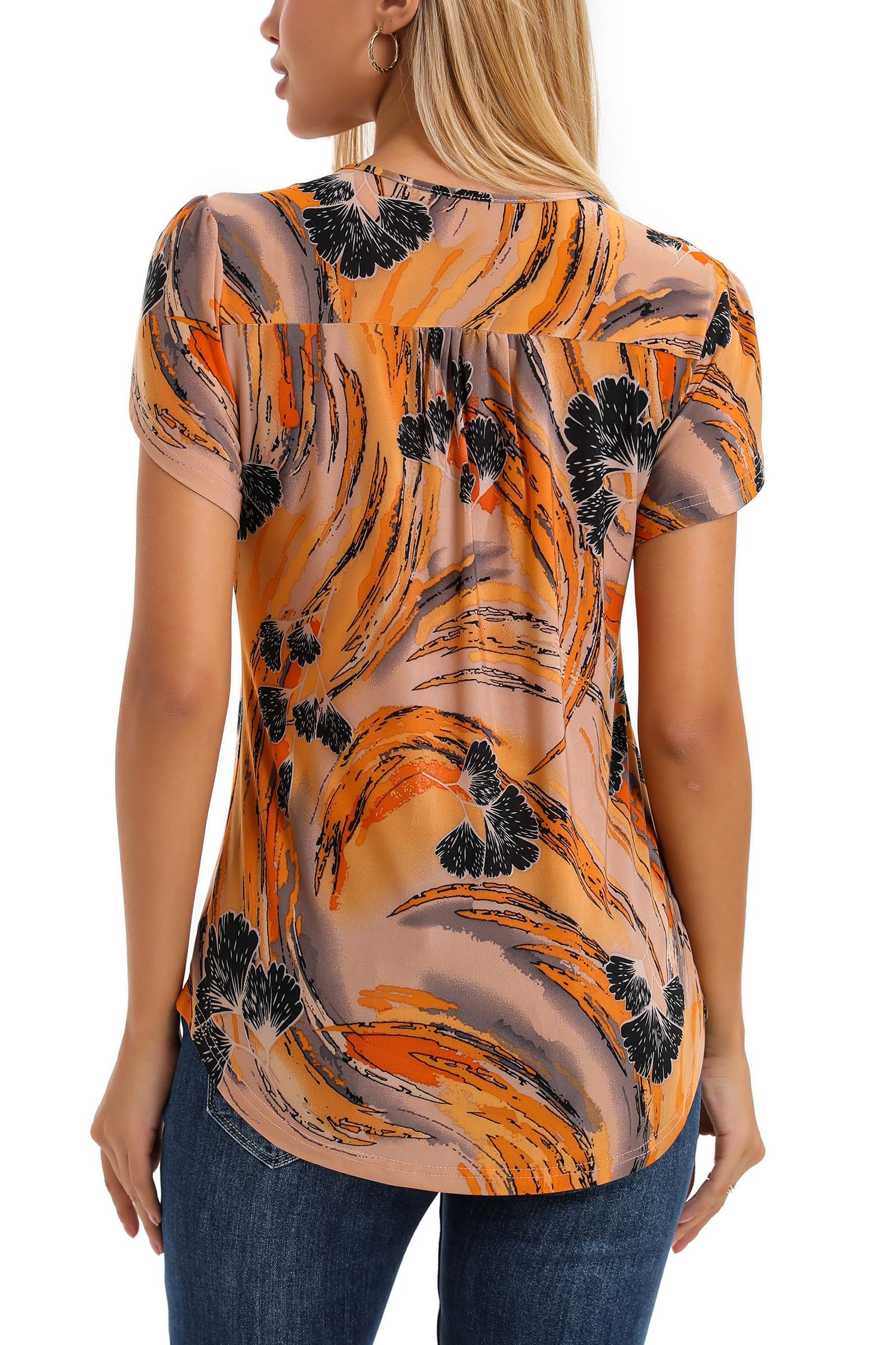 Women's Floral Pleated Short Sleeve Tops - Summer Flowy Blouses & Print Tunic Shirts - Casual Wear for Work, Date Night & Vacation Outfits