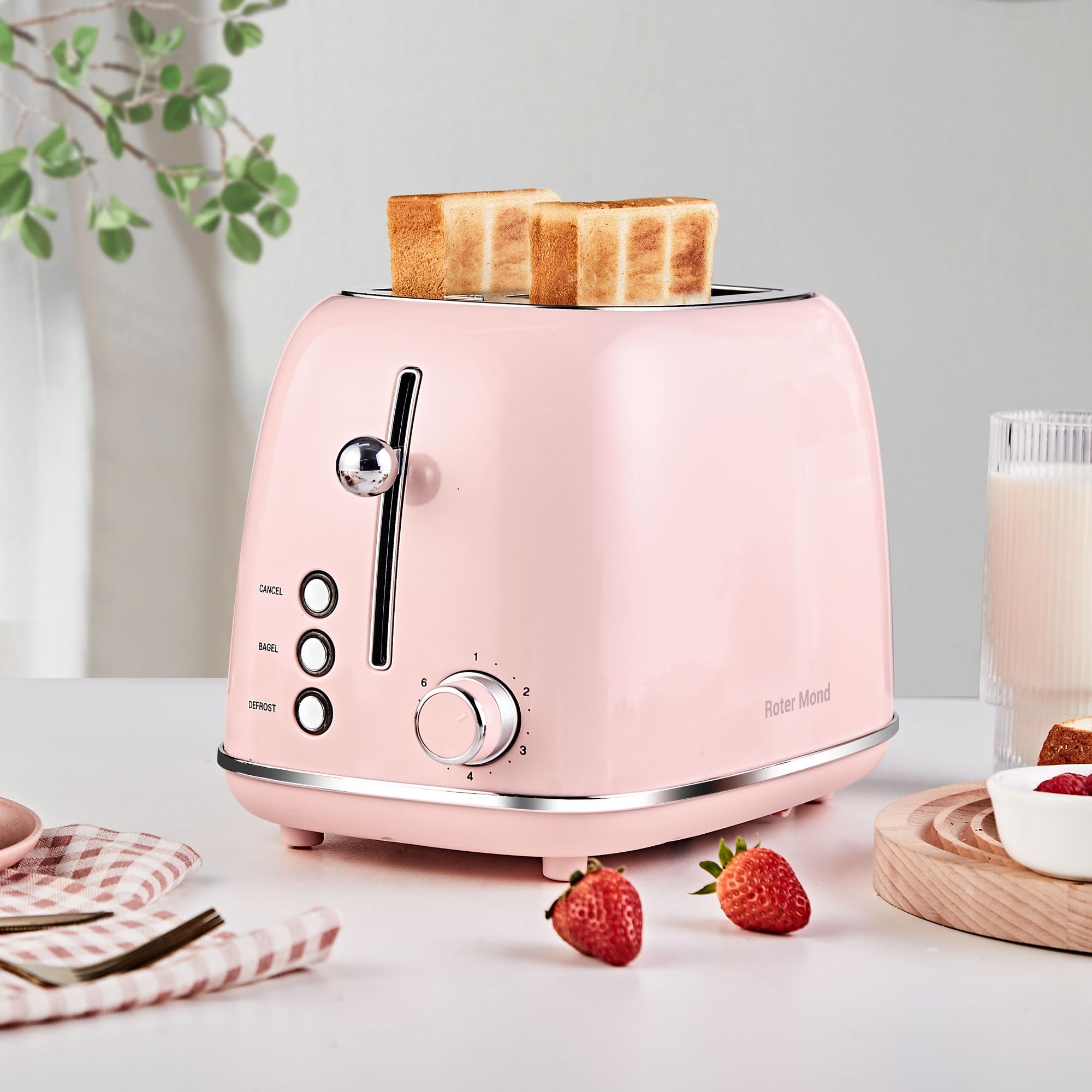 Retro 2-Slice Toaster with Bagel, Cancel & Defrost Functions - 6 Shade Settings, Extra Wide Slots & Removable Crumb Tray - Stainless Steel Pink Toaster for Kitchen, Breakfast, Dorm & Office Use