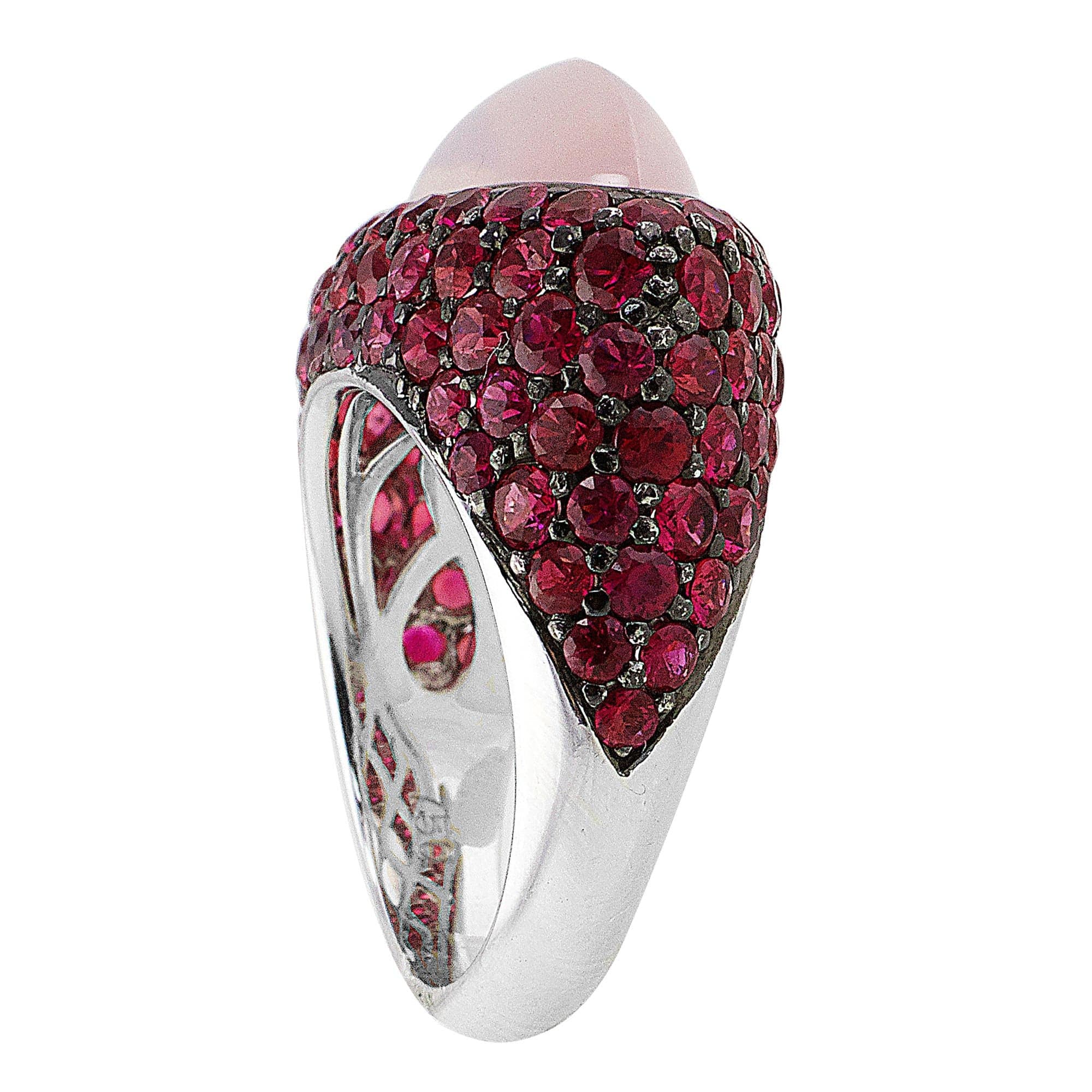 18K White Gold Pink Quartz Ruby Cabochon Ring for Women - Elegant Vintage Jewelry for Weddings, Anniversaries & Special Occasions