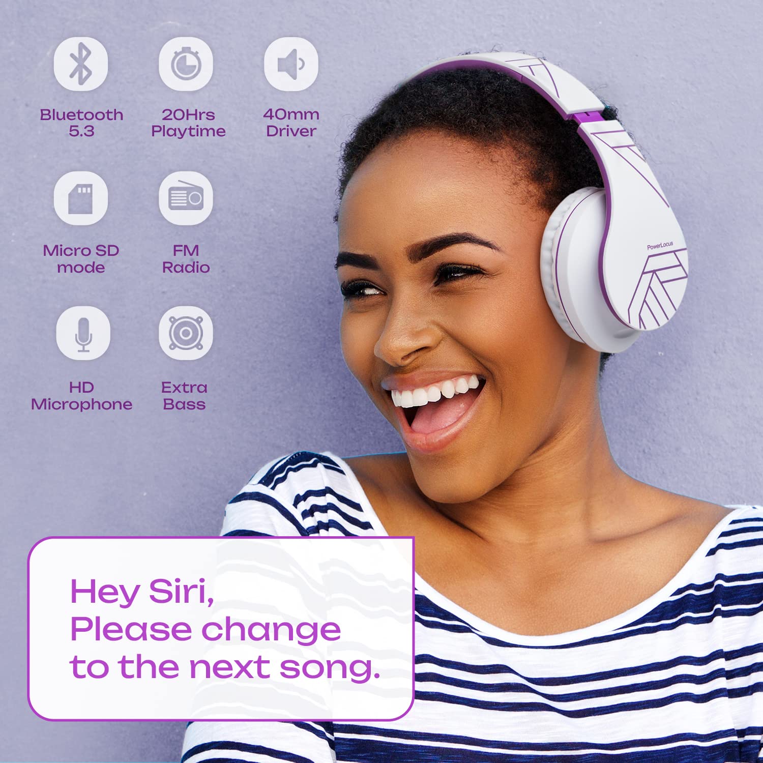 PowerLocus Bluetooth Over-Ear Headphones - Wireless & Wired Stereo Headset with Built-in Mic, Foldable Design, Micro SD/TF & FM Radio - Compatible with iPhone, Samsung, iPad, PC (White/Violet) - Perfect for Travel, Workouts & Home Entertainment
