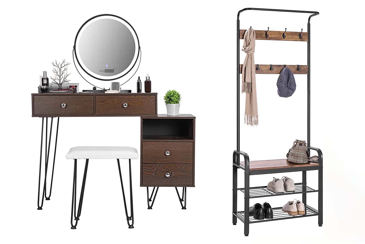 VIVOHOME Vanity Table Set with Removable Storage Cabinet & Acrylic Makeup Organizer - 3-in-1 Entryway Hall Tree, Heavy Duty MDF Stand Coat Rack - Perfect for Bedroom, Dressing Room & Entryway Organization