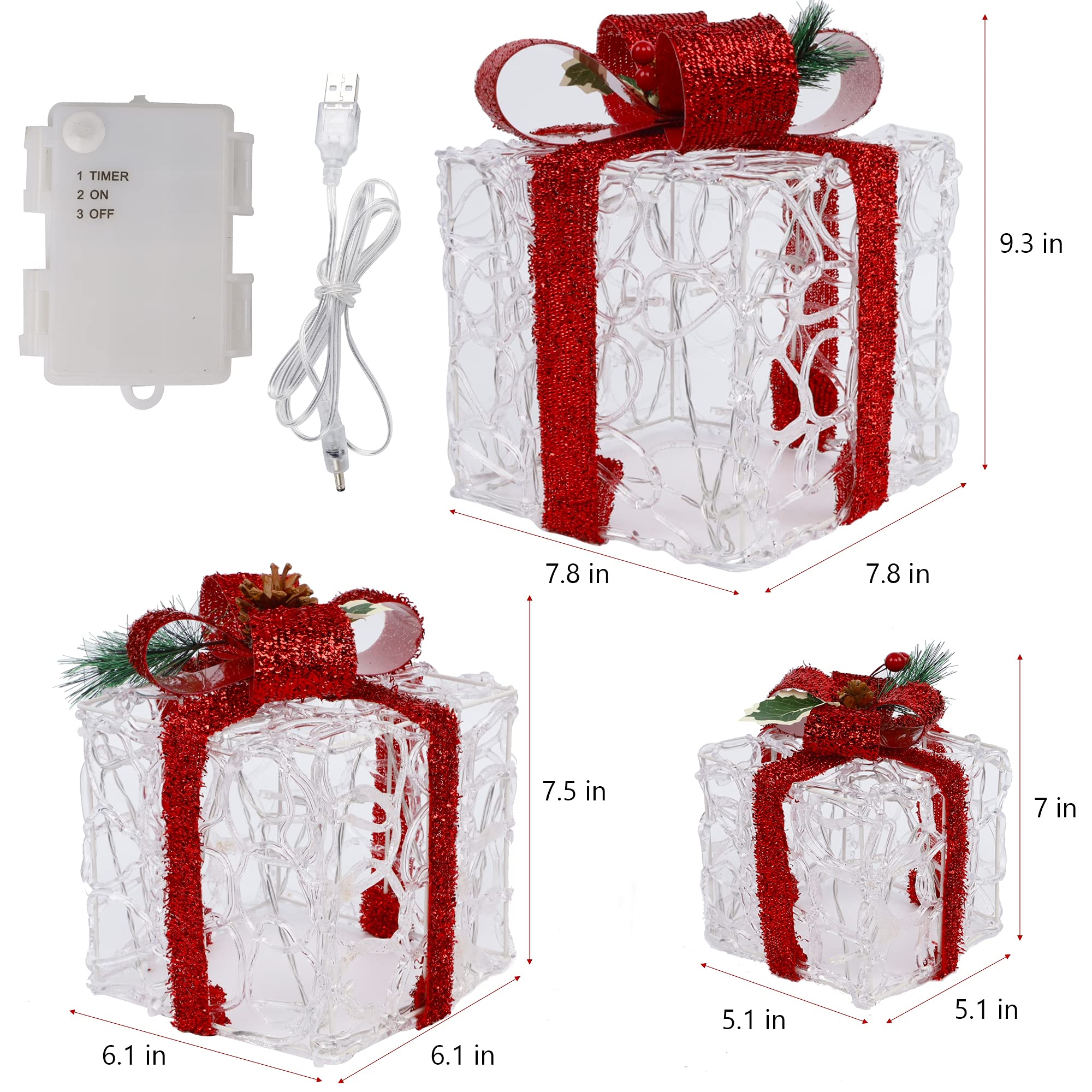 ATDAWN Set of 3 Clear Acrylic Lighted Gift Boxes - Christmas Present Box Decorations for Home, Party & Holiday Display - Perfect for Christmas Tree, Mantel & Tabletop Decor