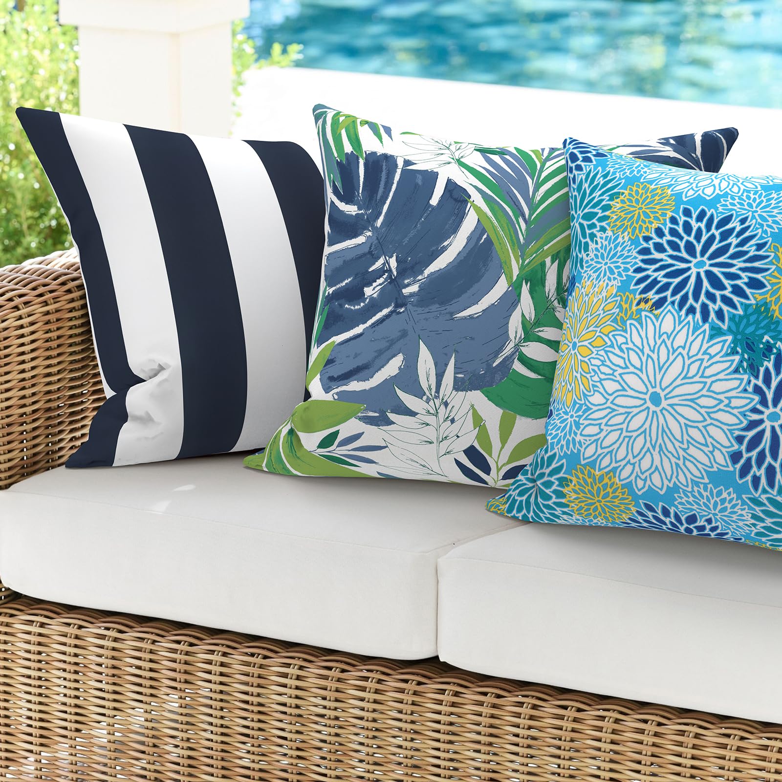2 Pack Waterproof Outdoor Pillow Covers with Inserts - 18x18 Inch Square Decorative Throw Pillows for Patio Furniture, Sofa, Bench - Cabana Navy Blue - Weather Resistant for Garden, Poolside & Porch Use