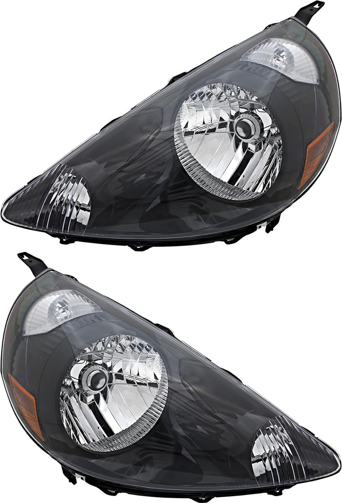 2007-2008 Honda Fit Halogen Headlights Set - Black Trim Replacement Lamps for Driver & Passenger Side | Perfect for Night Driving & Car Upgrades