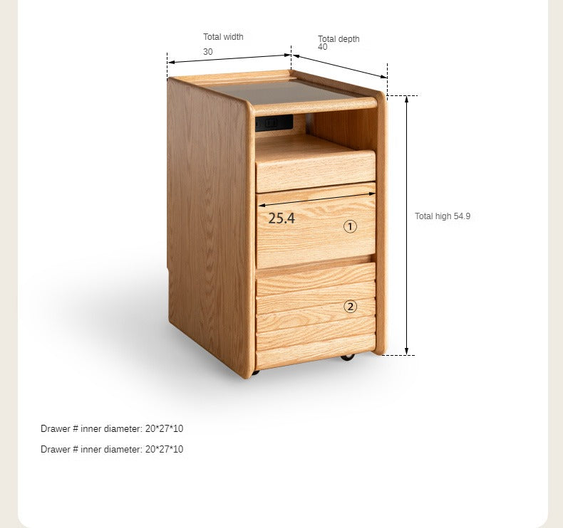 Solid Oak Wood Nightstand with Glass Top - Modern Movable Bedside Table for Bedroom, Living Room, or Office
