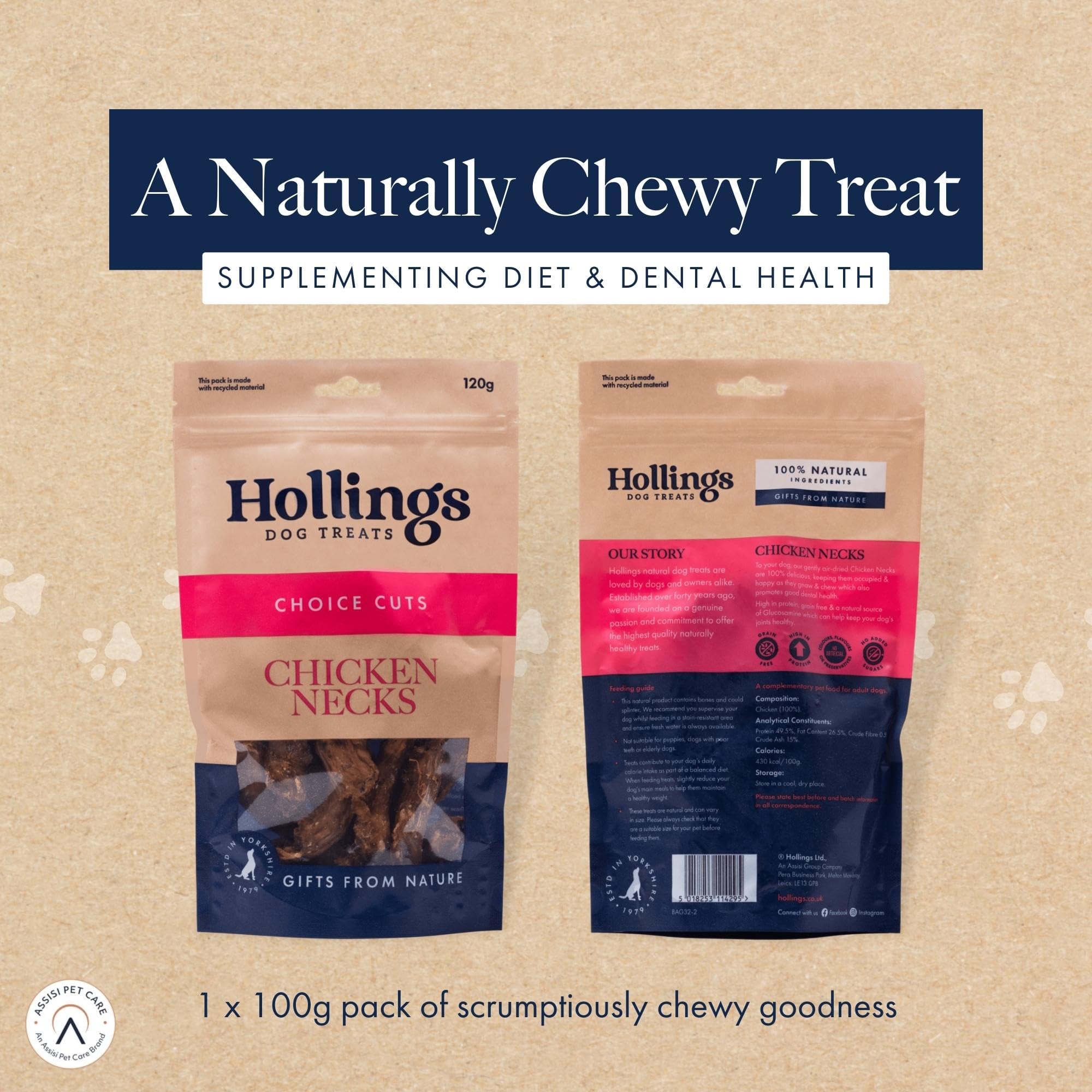 Hollings 100% Natural Air Dried Chicken Necks Dog Treats - Grain Free, High Protein Chews for Adult Dogs (120g) - Perfect for Training Rewards & Dental Health