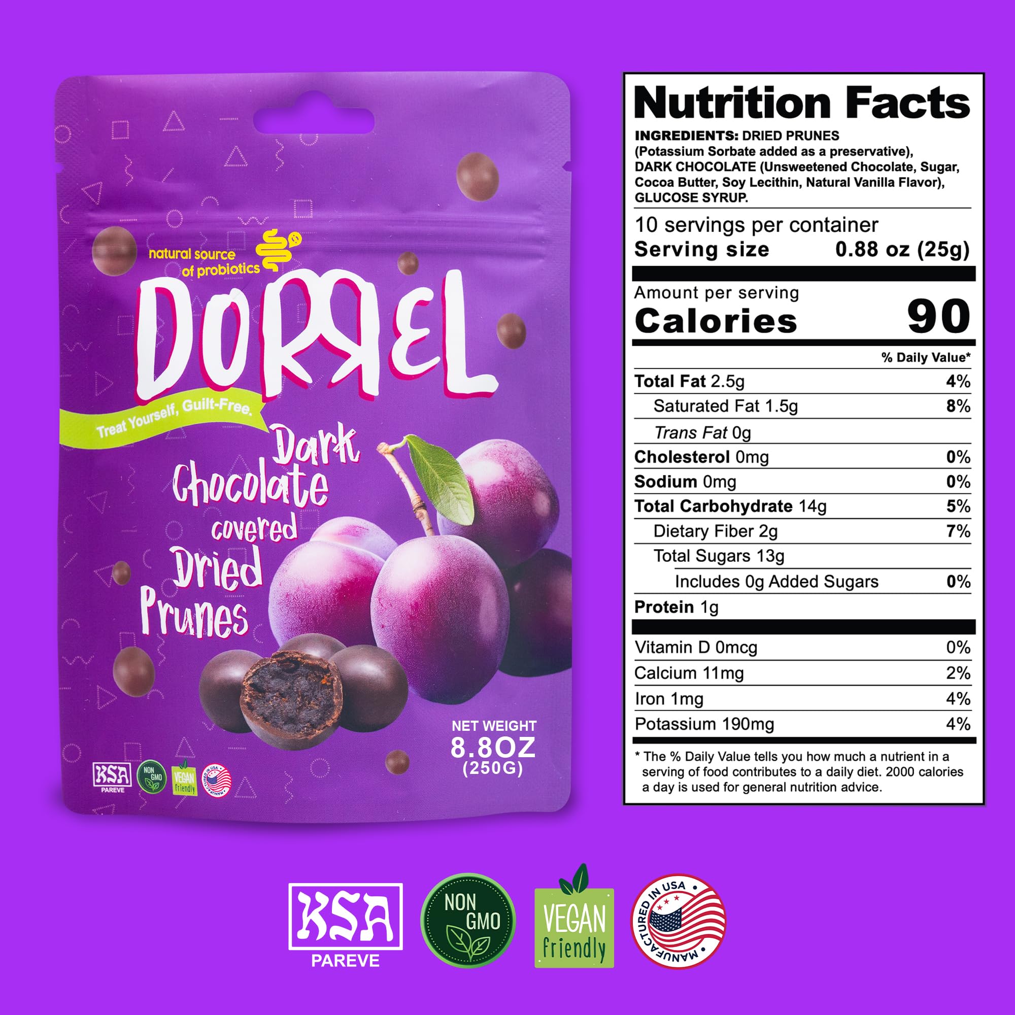 Organic Dark Chocolate Covered Dried Prunes - Healthy Vegan Snacks with Natural Probiotics | Non-GMO, Kosher Pareve | Nutritious Dried Fruit for Energy Boost, Weight Management & Gut Health | Perfect for Office Snacking, Travel & Gift Giving (8.8oz Pack)