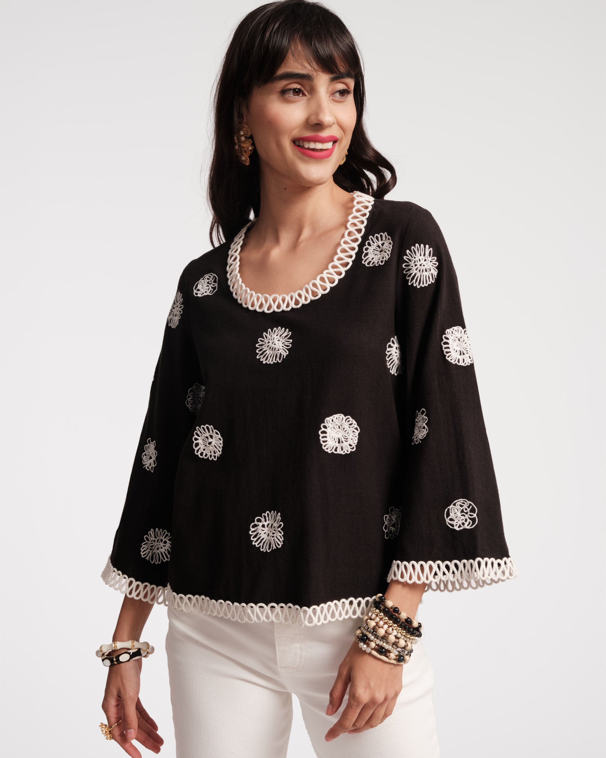 Fiona Top with Scribble Embroidery - Stylish Women's Blouse for Casual Wear & Summer Outfits | Trendy Floral Embroidered Shirt for Date Nights & Office Looks