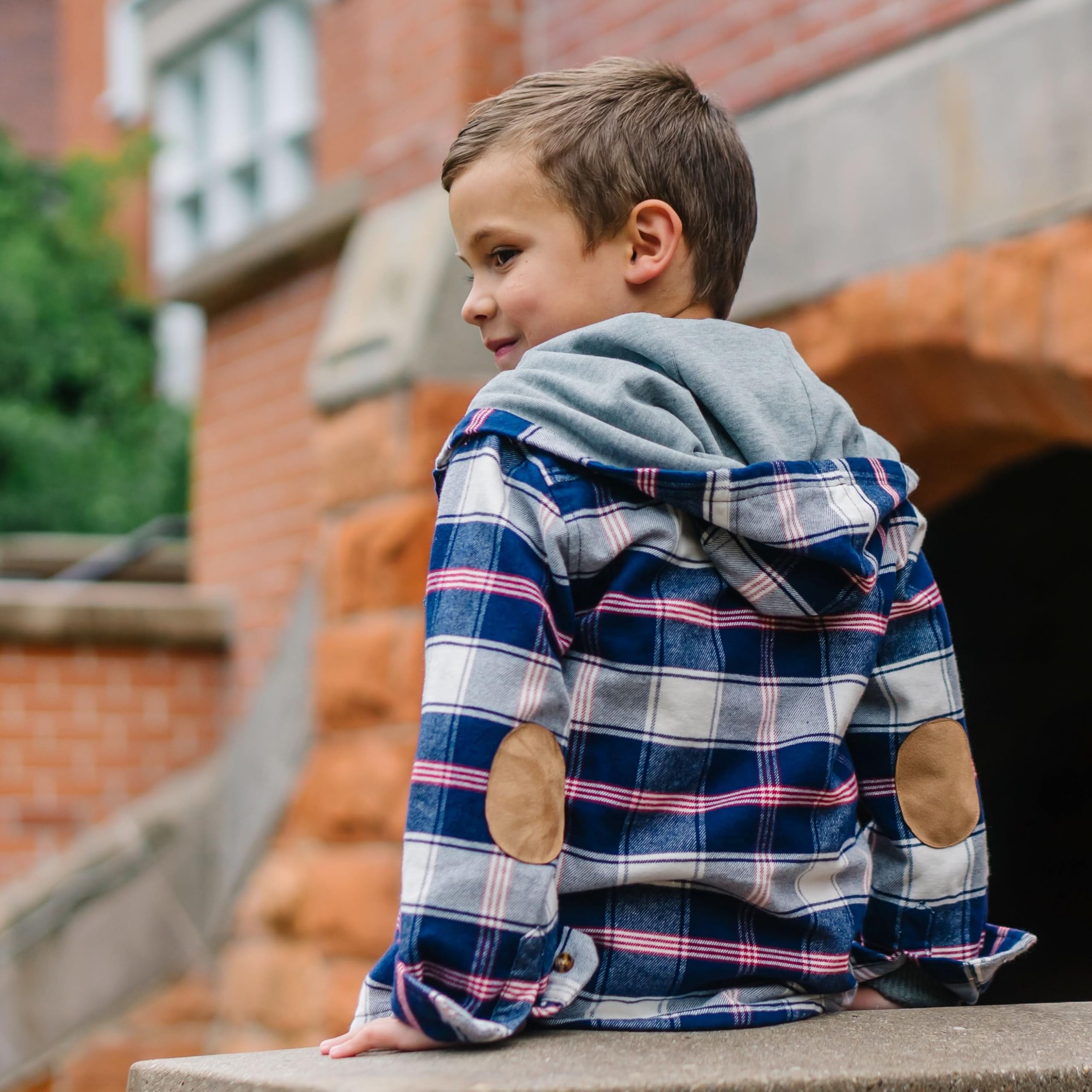 Hope & Henry Boys' Hooded Button Down Jacket with Elbow Patches - Stylish Kids Outerwear for School, Playdates & Outdoor Adventures