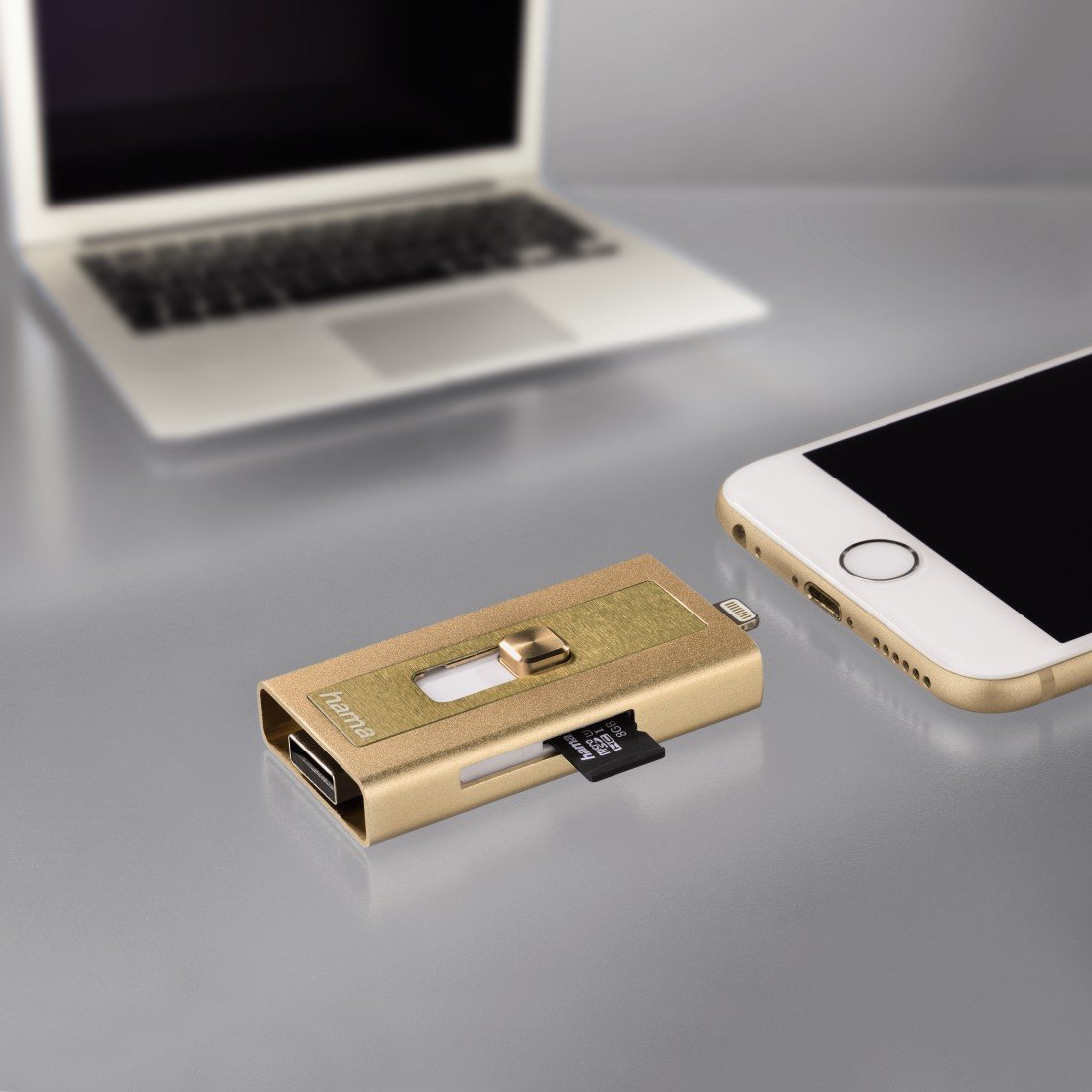 Hama 00124154 Gold MicroSD Card Reader with USB & Lightning Connector - Compatible with iPhone, iPad, iPod, PC & Mac | Portable Memory Card Adapter for Photos, Videos & Data Transfer