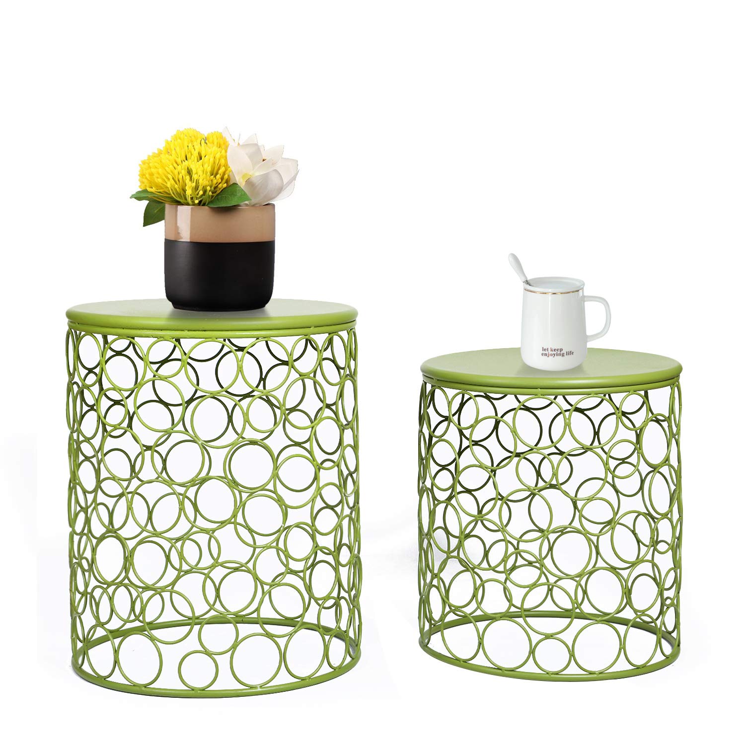 Joveco Set of 2 Round Side Tables - Modern Indoor End Tables & Nightstands for Living Room & Bedroom (Green) - Perfect for Coffee Table, Bedside Table & Home Decor