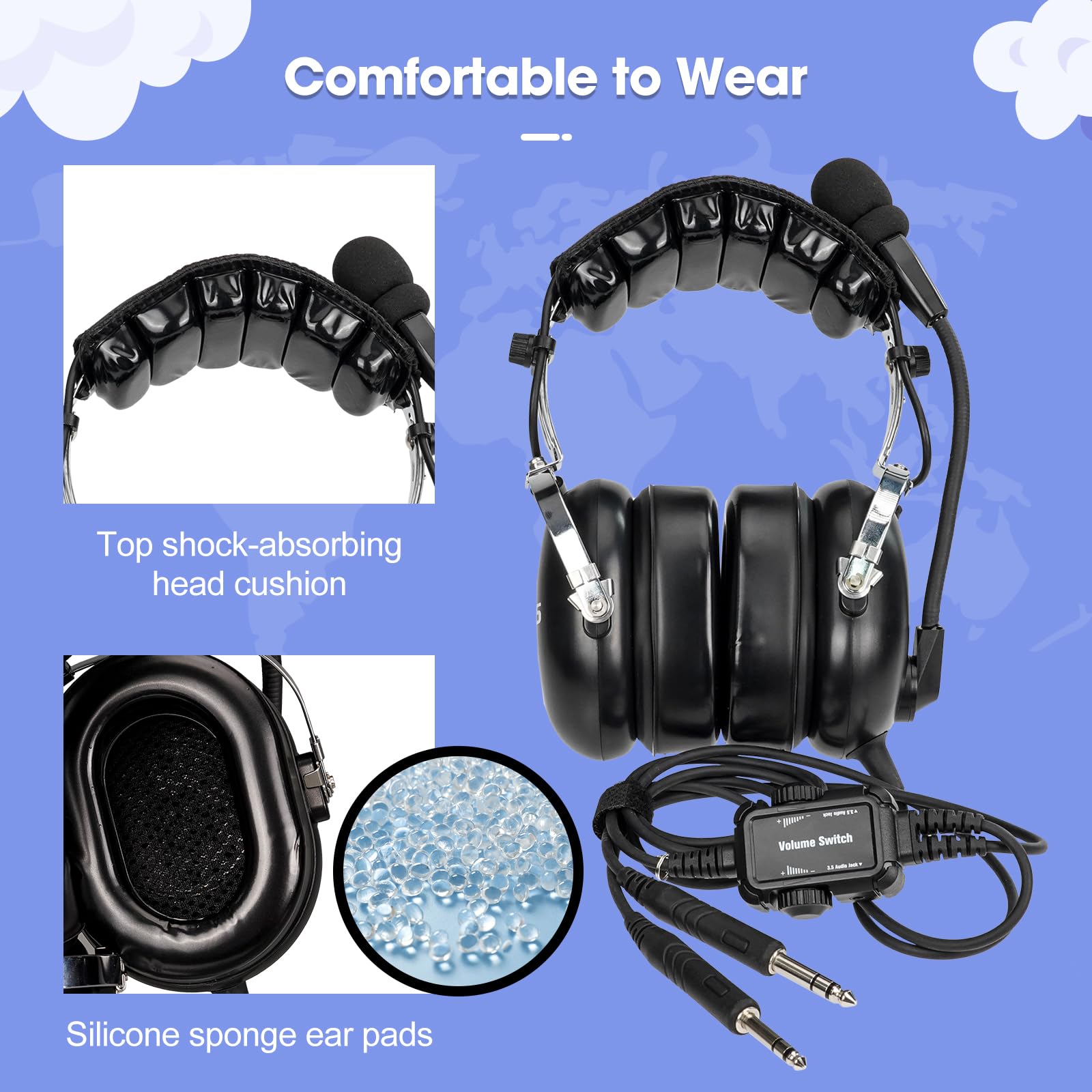 Retevis EHG001 Aviation Pilot Headset with Noise Reduction, Adjustable Headband & Gel Ear Seals - Mono/Stereo 3.5mm Jack - Includes Carrying Bag - Perfect for Student Pilots, Flight Training & Backseat Passengers (1 Pack) - Ideal for Flight Schools, Private Planes & General Aviation Use