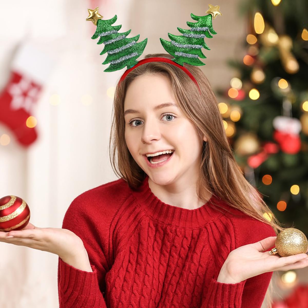 Christmas Headbands for Women - Glitter Powder Hair Hoop with Golden Star & Green Red Christmas Tree Design | Festive Hair Accessories for Women & Girls | Perfect for Christmas Parties, Holiday Gatherings & Festive Celebrations