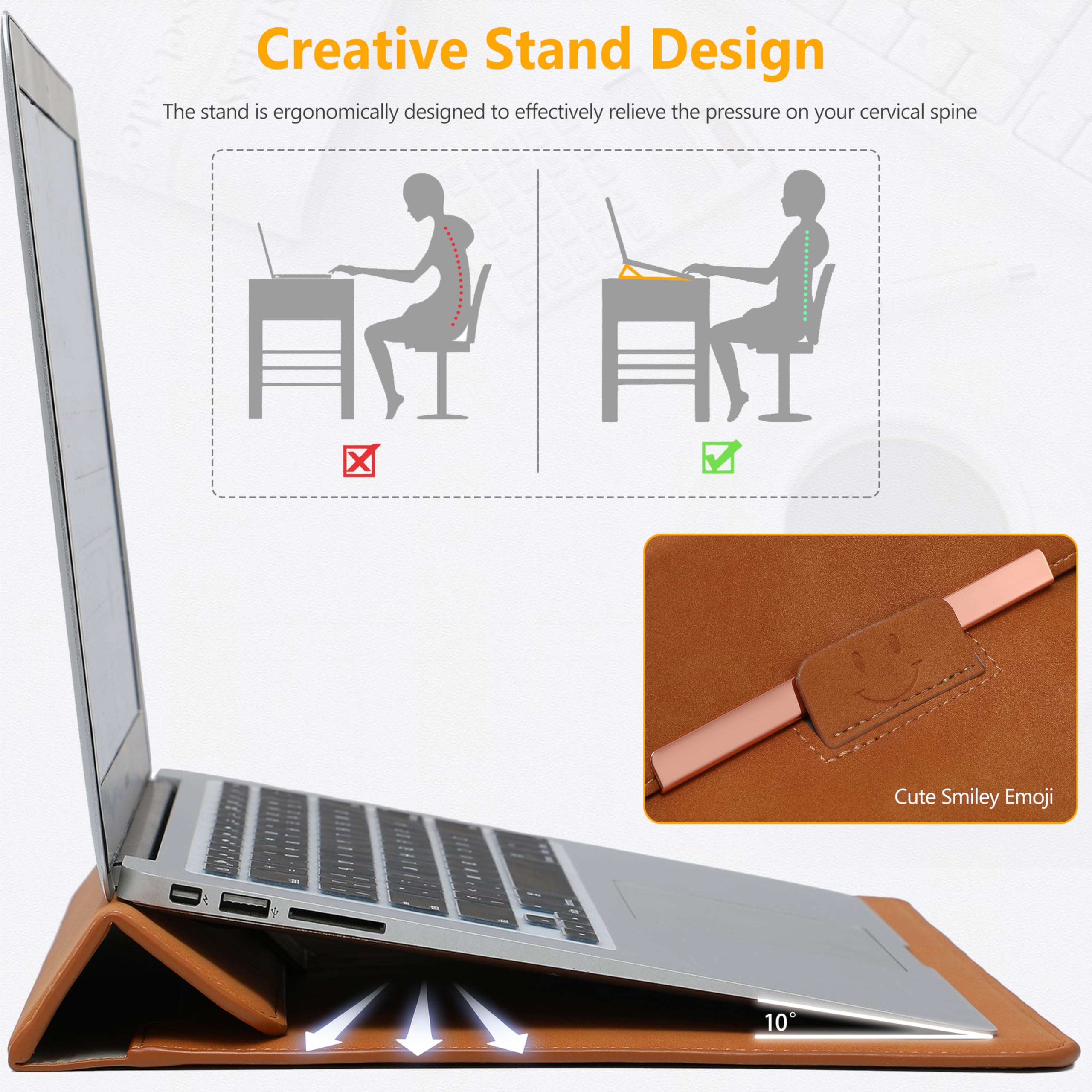 HYZUO 13 Inch Laptop Sleeve with Stand - Protective Case for MacBook Air 13 (M3/M2/M1 2024-2018), MacBook Pro 13 (M2/M1 2024-2016), iPad Pro/Air 13 (M4/M2 2024), Surface Pro 11/10 - Includes Carry Bag, Brown (Smiley Design) - Perfect for Work, Travel & School