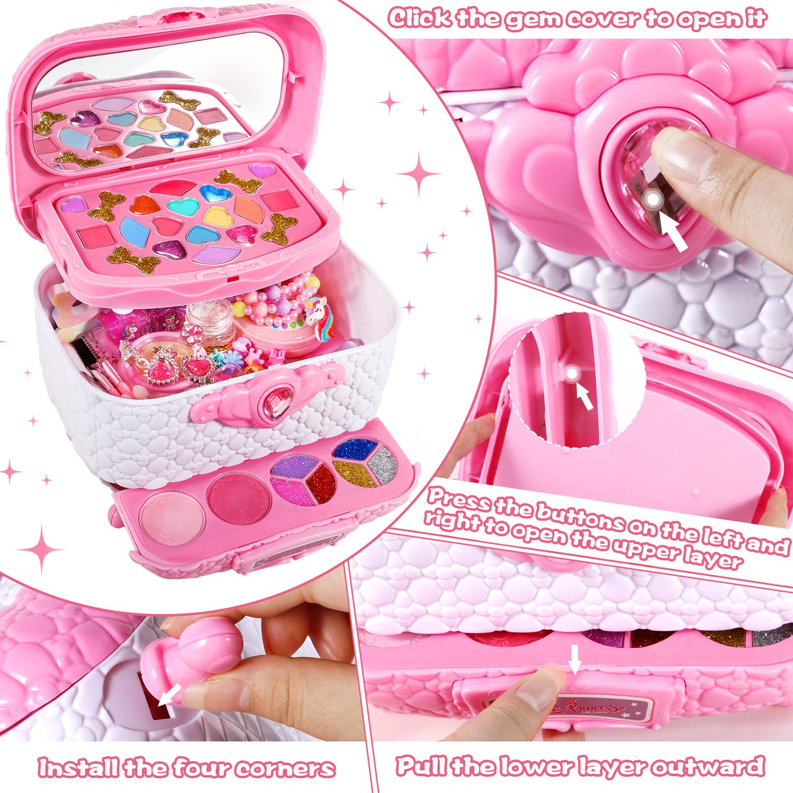 POWZOO 64-Piece Kids Makeup Toy Set - Non-Toxic & Washable Princess Makeup Kit for Girls Ages 5-12 - Perfect Birthday & Christmas Gift for Pretend Play, Dress-Up & Role-Playing Games