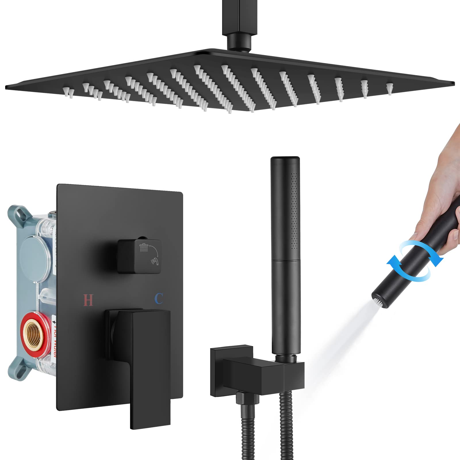 Gotonovo 12 Inch Matte Black Ceiling Mount Rainfall Shower System - Square Showerhead & 2-in-1 Cylindrical Handheld Shower Faucet Set with Rough-in Valve - Stainless Steel Bathroom Shower Trim Kit for Modern Luxury Spa Experience