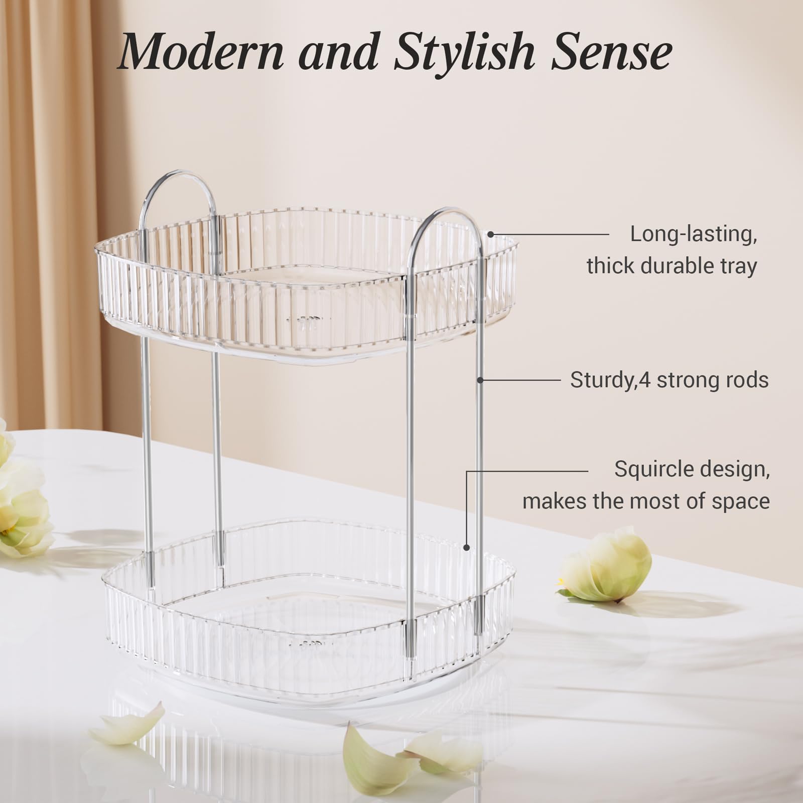 Delamu 2-Tier Rotating Makeup Organizer - Large Capacity Countertop Storage for Cosmetics, Skincare & Perfume | Clear Acrylic Bathroom Vanity Organizer for Dresser, Bedroom & Bathroom Counter | Perfect for Daily Beauty Routine & Space Saving Organization