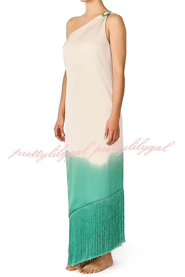 Vibrant Ombré Print Ruched One Shoulder Tassel Trim Maxi Dress for Beach Vacation, Summer Party & Boho Fashion | Women's Elegant Evening Gown