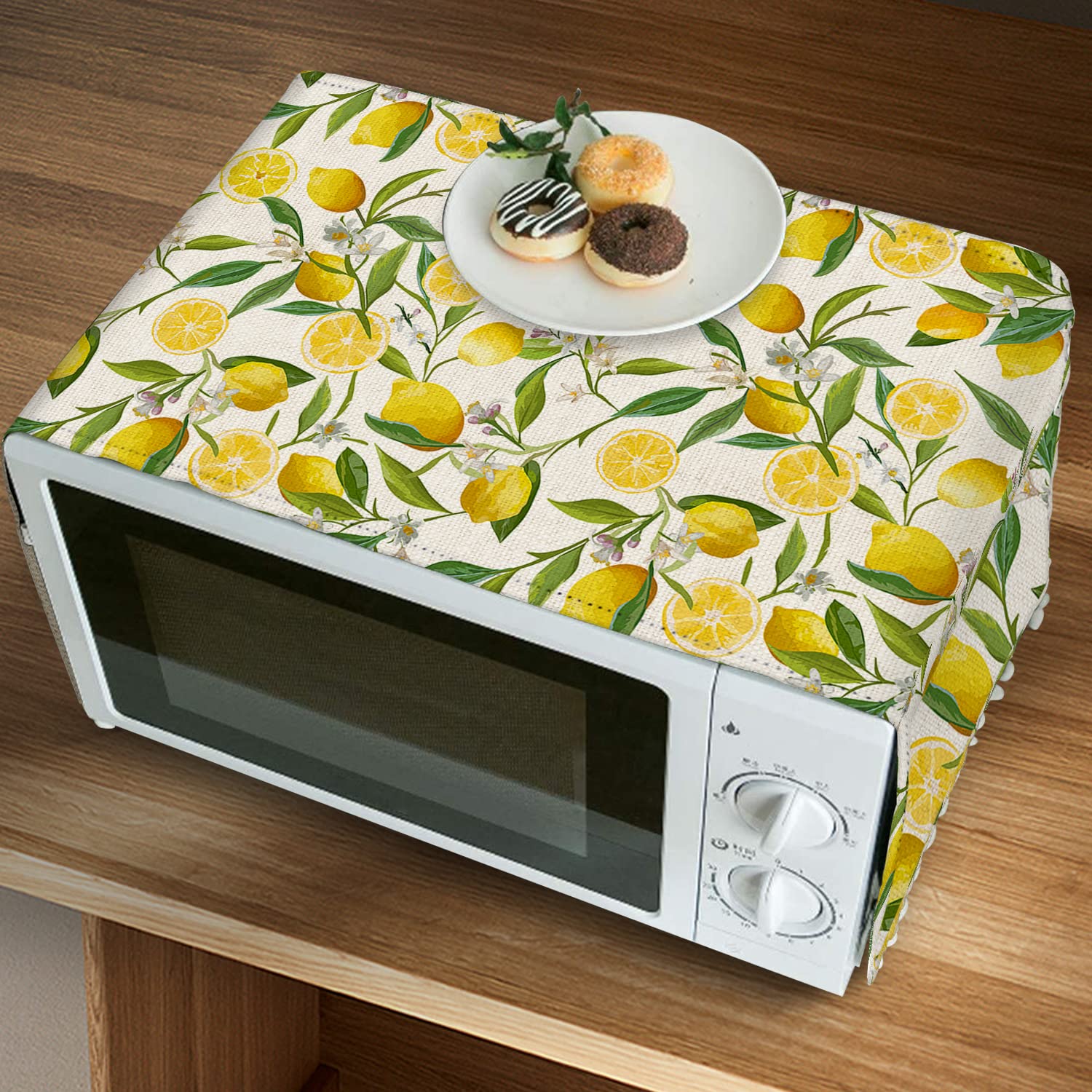 Microwave Oven Cover - Dustproof Linen Kitchen Appliance Protector with Side Pockets (11.8x35.4 inches, Lemon) - Perfect for Countertop Protection & Decorative Kitchen Storage