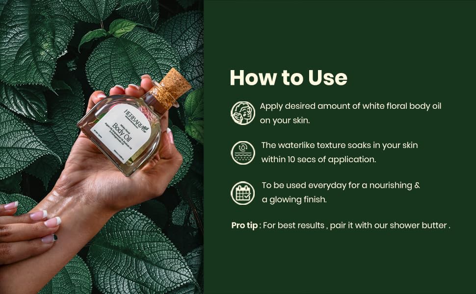 Herbaria Daily Moisturizing Body Oil - White Floral Scent | 100% Vegan Luxury Hydrating Skin Care with Almond, Grapeseed & Argan Oils | All-Season Moisture for Dry Skin | Perfect for Massage, After Shower & Nighttime Skincare Routine