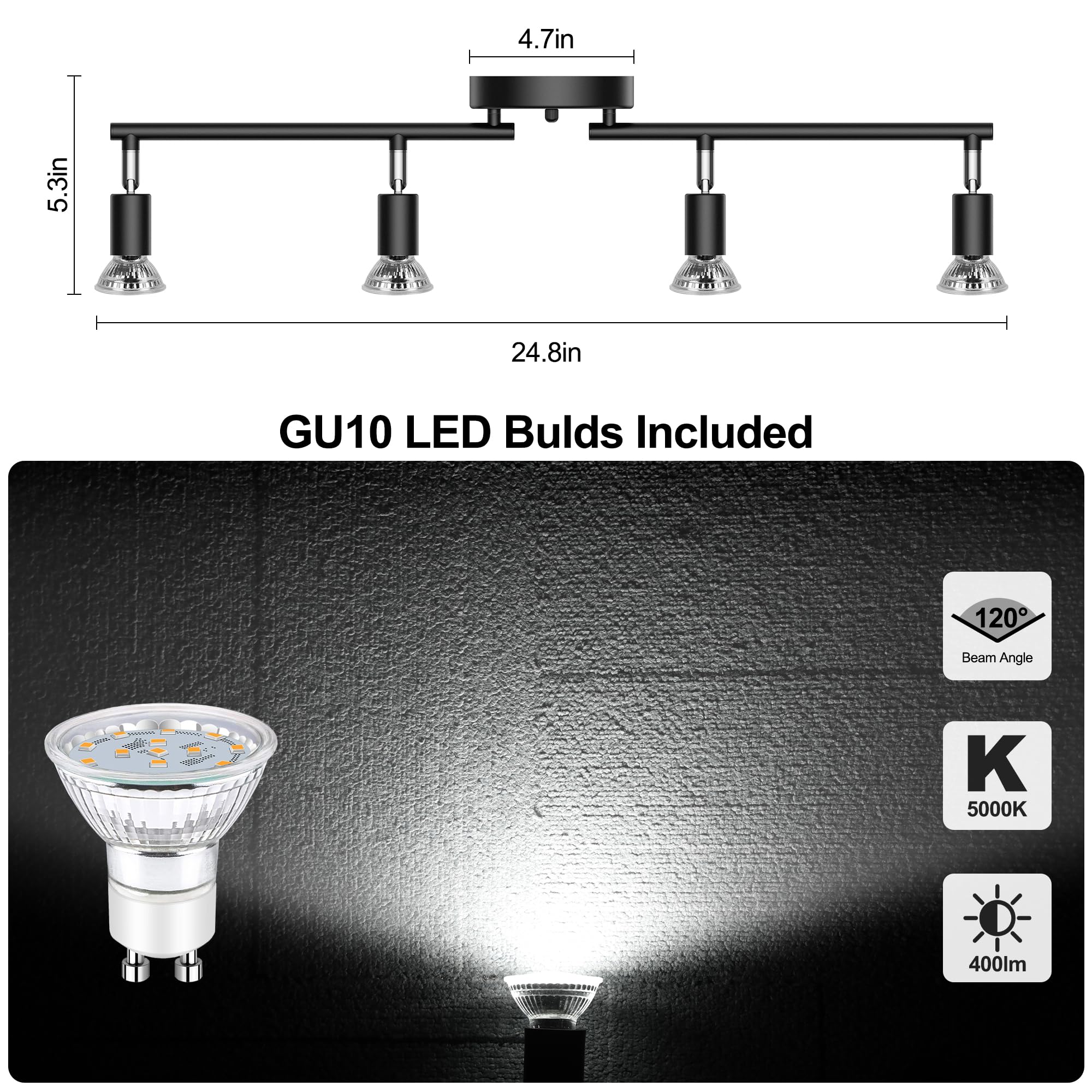 4-Light LED Track Lighting Kit - Adjustable Black Ceiling Spotlight with GU10 Bulbs for Kitchen, Cabinet, Gallery, Bar, Hallway & Living Room | Modern Flexible Fixture for Home & Office Lighting