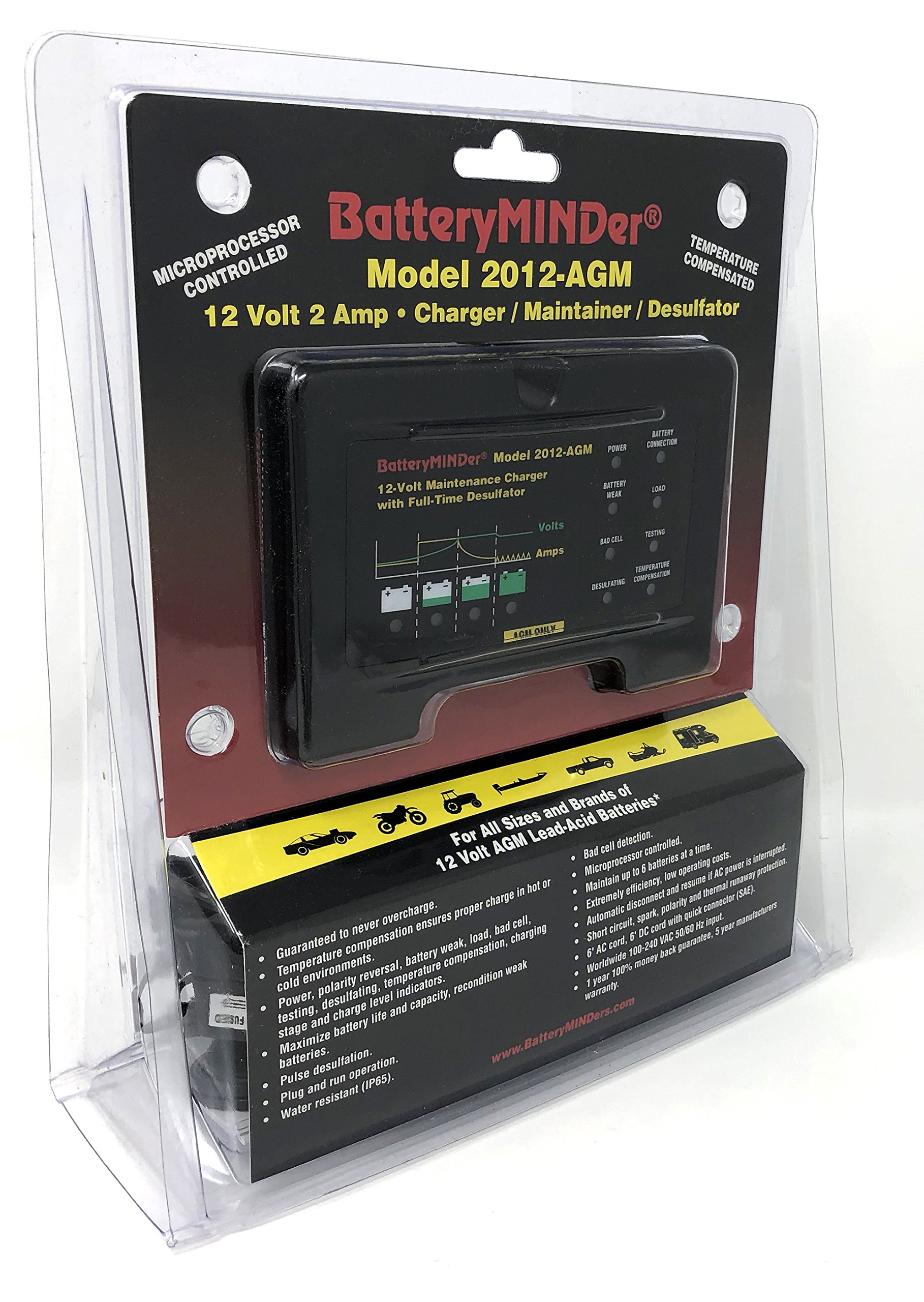 AGM 12V 2A Battery Charger & Maintainer with Desulfator - Compatible with Odyssey, Optima & AGM Lead-Acid Batteries - Ideal for Car, Motorcycle, RV & Marine Battery Maintenance