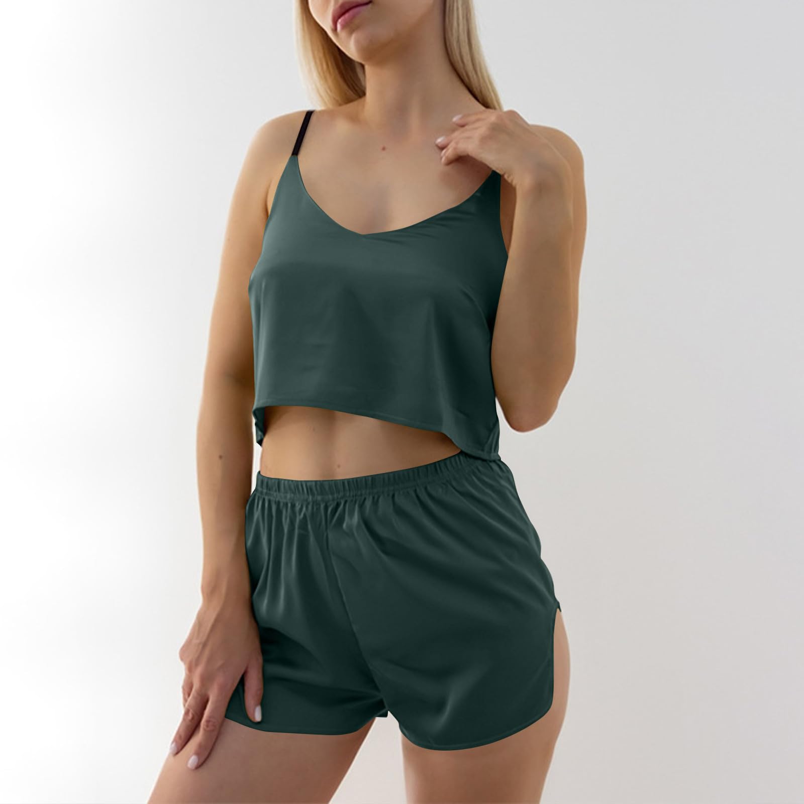 Sexy Women's Two Piece Sets - V Neck Tank Top & Shorts Lounge Wear Outfits for Summer | Solid Color Matching Sets | Perfect for Beach, Vacation, and Casual Wear