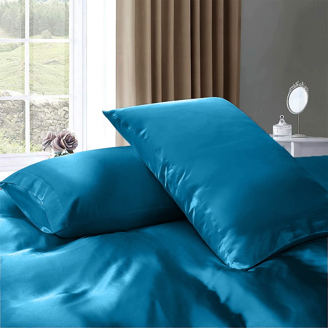 Luxury 7-Piece California King Silk Satin Sheet Set - Breathable Cooling Hotel Quality Bedding with Deep Pockets - Wrinkle-Free Turquoise Blue Duvet Cover & Pillowcases - Perfect for Hot Sleepers & Upscale Bedroom Decor