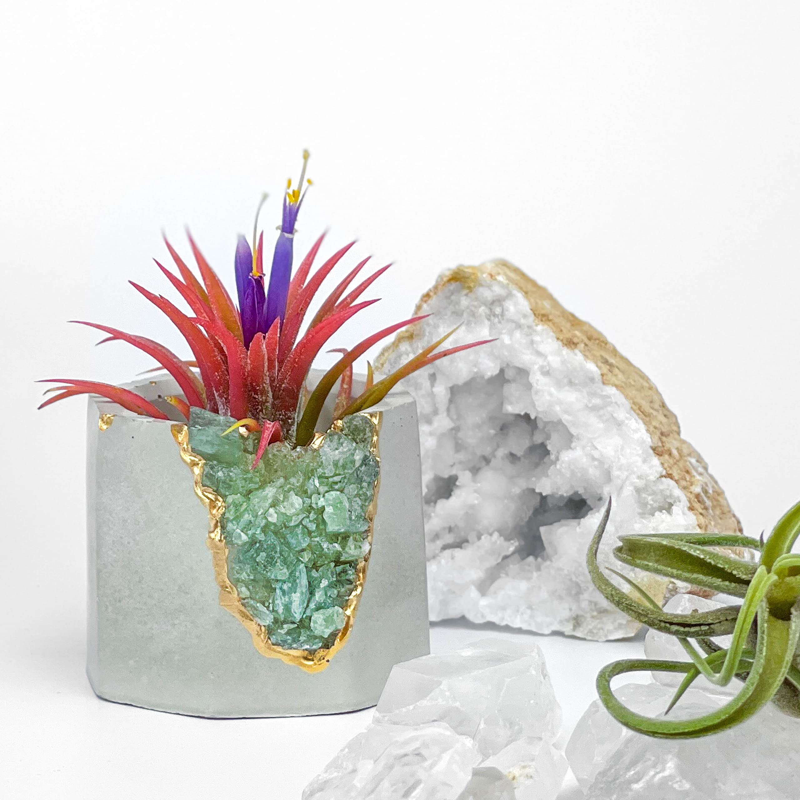 Raw Green Apatite Crystal Planter - Mini Succulent & Air Plant Holder - Handmade Concrete Geode Pot with Healing Properties - Unique Home Decor for Office Desk, Meditation Space & Gift Ideas