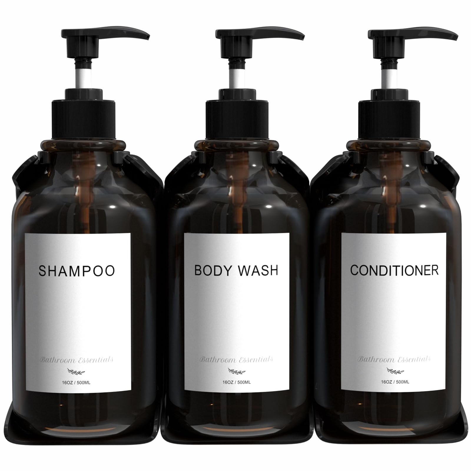 Modern 3-Chamber Shampoo and Conditioner Dispenser Set - No Drill Wall Mounted 16oz Bathroom Shower Soap Dispenser with 6 Labels, Easy Refill for Shampoo, Conditioner & Body Wash - Amber - Perfect for Spa-Like Showers, Guest Bathrooms & Organized Family Homes
