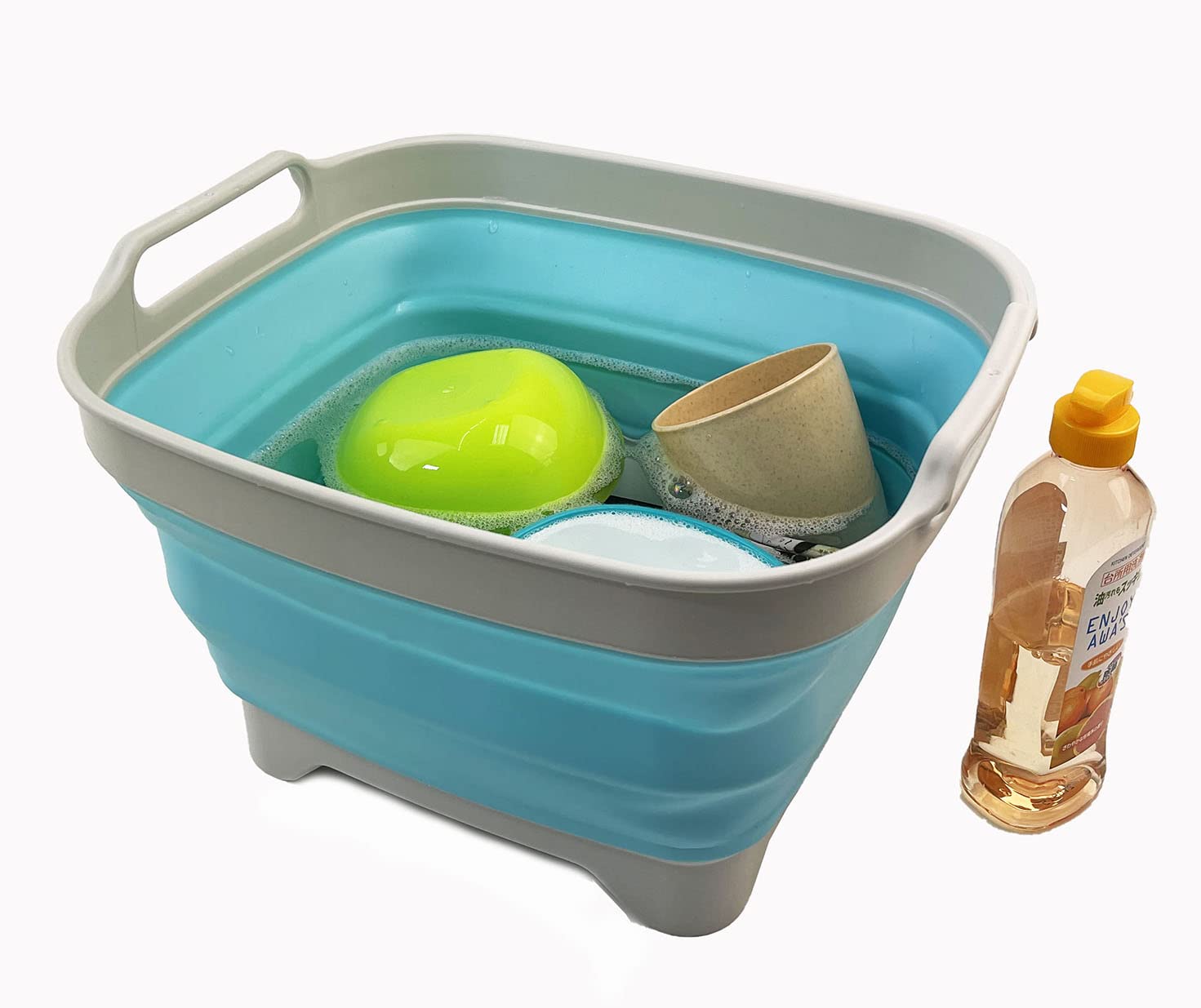 SAMMART 7.5L (2 Gallons) Collapsible Dishpan with Draining Plug - Foldable Washing Basin for Kitchen & Camping - Portable Dish Washing Tub - Space Saving Sink for Small Spaces (Grey + Cyanine, 2 Pack) - Perfect for RV, Dorm, and Outdoor Use