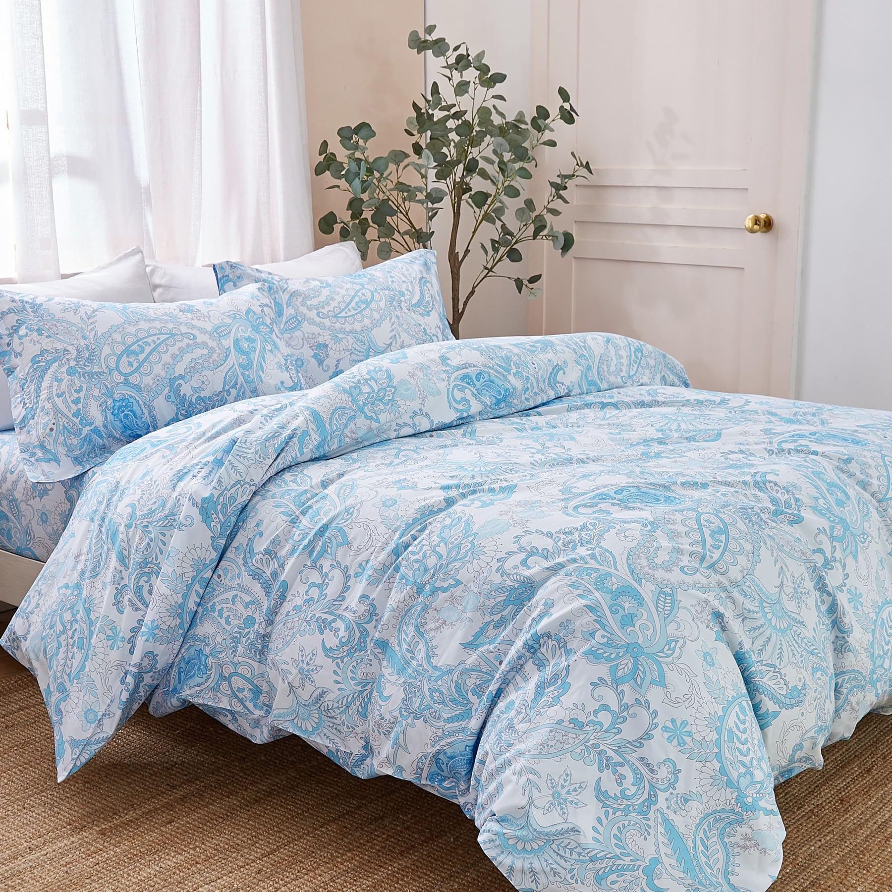 JSD Blue Paisley Duvet Cover Set King Size - 3 Piece Soft Printed Microfiber Comforter Cover with Zipper Closure | Luxury Bedding for Master Bedroom, Guest Room & Dorm Decor