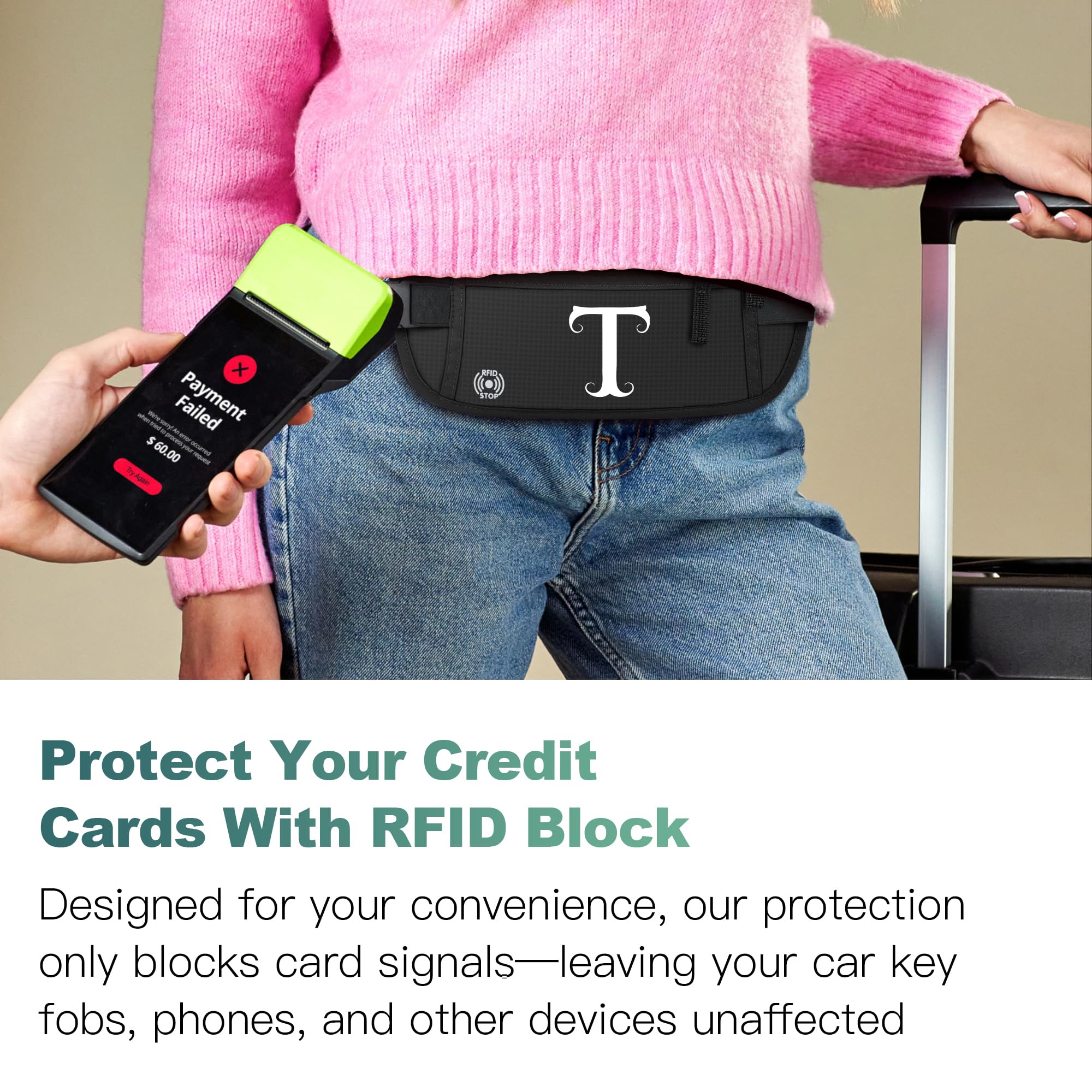 Anti-Theft RFID Travel Money Belt with Personalized Initials - Slim Passport Holder & Travel Wallet for Women & Men (Letter M) - Perfect for Airports, Vacations & Secure Cash Storage