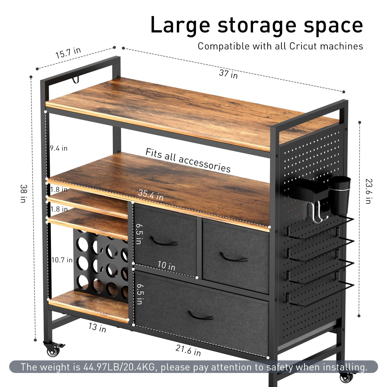 PUNLUXU Craft Storage Organizer for Cricut Machines - Vinyl Roll Holder, DIY Pegboard with Accessories, Rolling Craft Table with Storage Cabinet Workstation PU-01 (Patent Protected) | Perfect for Scrapbooking, Vinyl Cutting & DIY Craft Room Organization