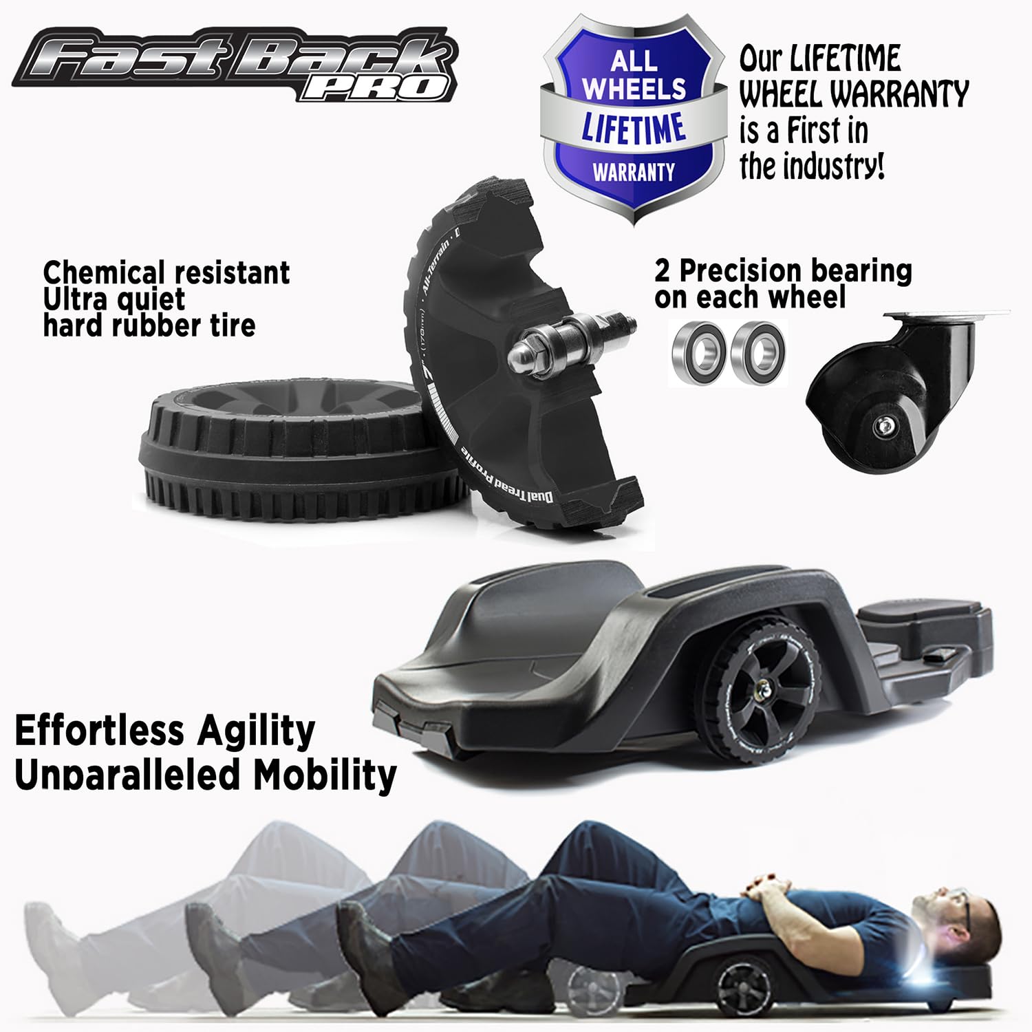 Fastback PRO Heavy Duty Ergonomic Automotive Creeper - 3-Wheel All-Terrain HDPE Design with Adjustable Height & 2 LED Work Lights - Perfect for Mechanics, DIY Garage Repairs & Outdoor Vehicle Maintenance (Wall Hanger Included)