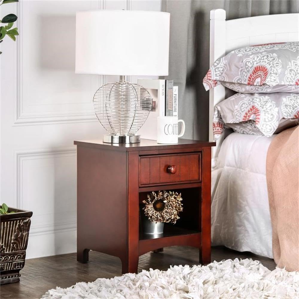 Furniture of America Max 1-Drawer Nightstand in Cherry Finish - Compact Bedside Table for Bedroom Storage & Organization