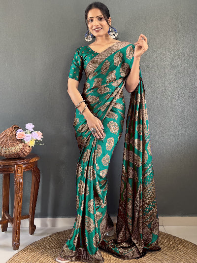1 Minute Teal Green Soft Moss Silk Stitched Ready-Made Saree for Women - Elegant Indian Traditional Wear for Weddings, Parties & Festive Occasions