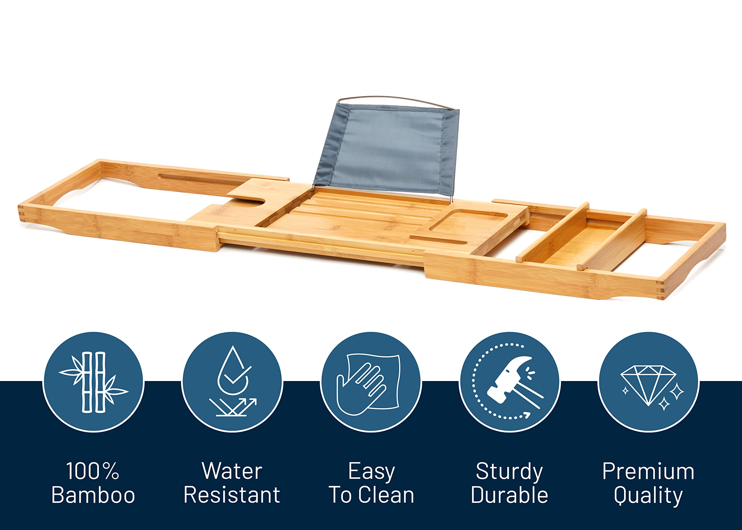 RoyalHouse Expandable Bamboo Bathtub Caddy Tray - Adjustable Bath Table Organizer with Wine Glass & Book Holder - Perfect for Relaxing Baths, Spa Days & Gift Giving (Phone Stand Included)