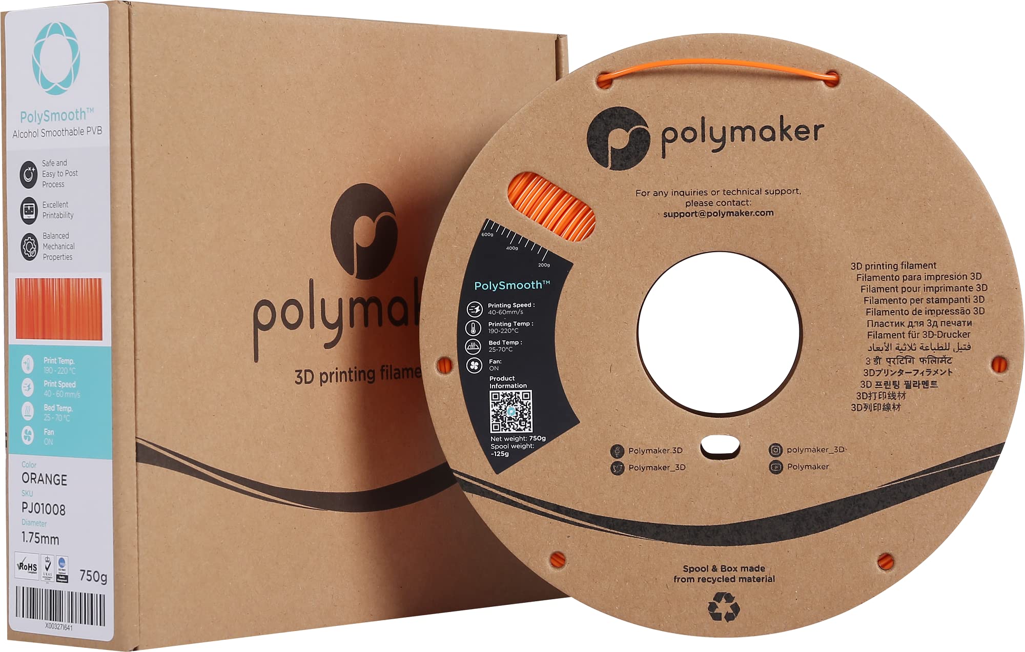 Polymaker PolySmooth PVB 3D Printer Filament 1.75mm Orange - 750g Cardboard Spool | Easy IPA Smoothing | Compatible with Polysher | Perfect for Cosplay Props, Miniatures & Functional Prototypes
