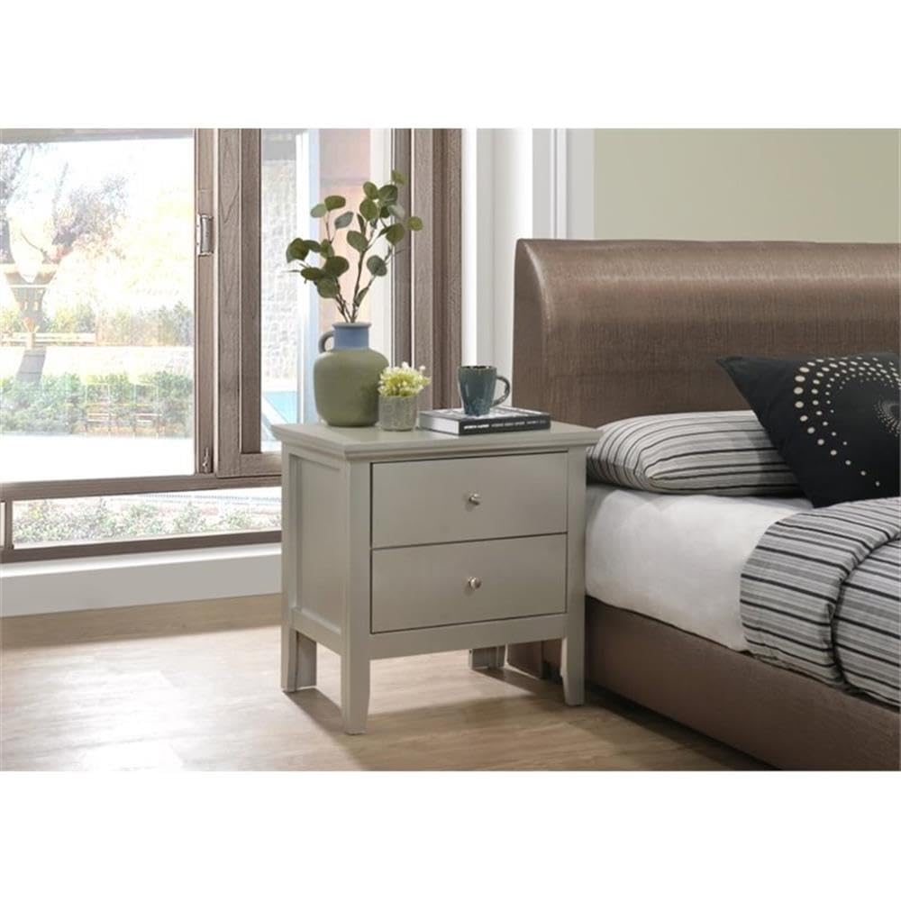 Pemberly Row Transitional Wood 2-Drawer Nightstand in Silver Champagne - Modern Bedside Table for Bedroom, Living Room & Guest Room Storage
