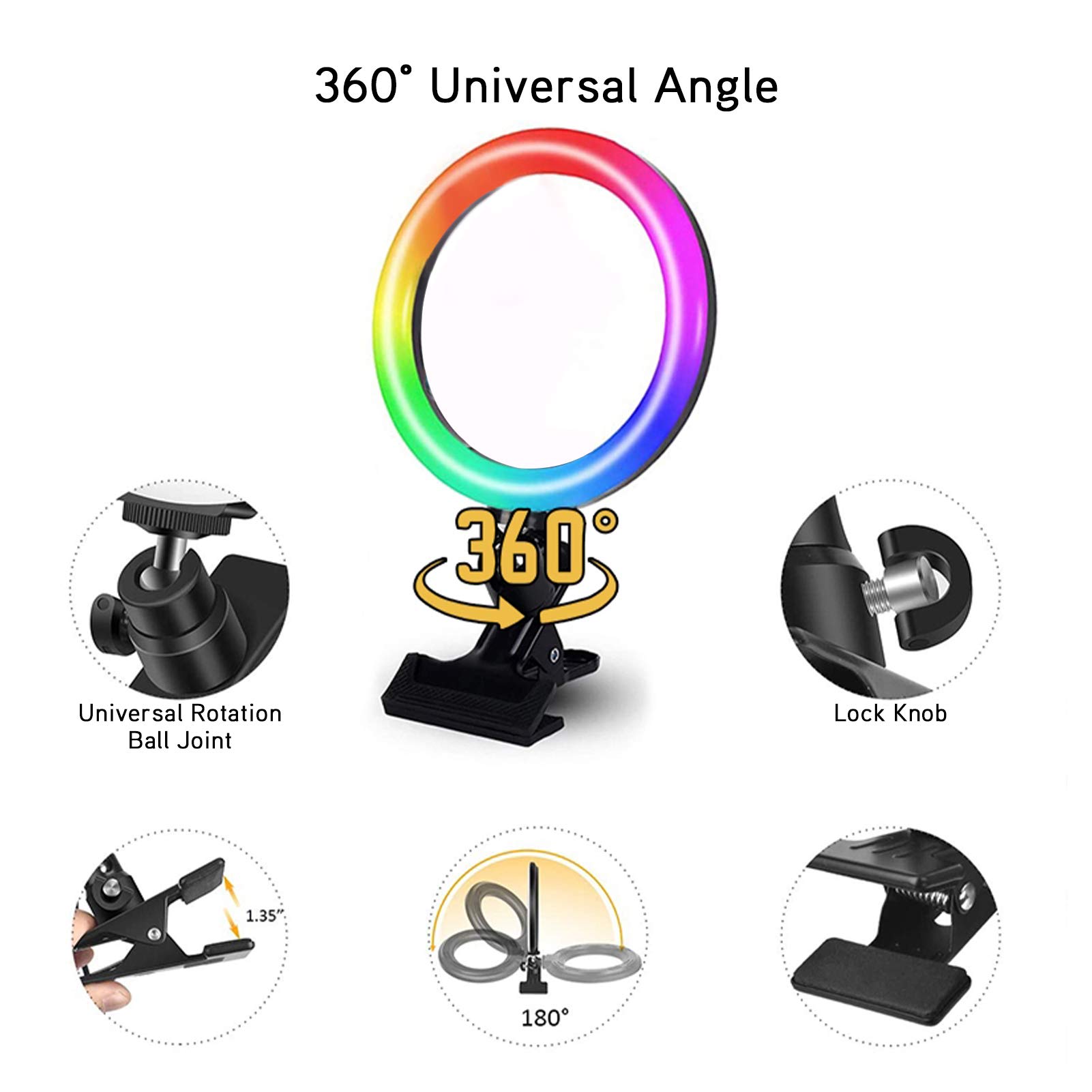 16cm LED USB Ring Light with Adjustable Clamp - RGB Color Changing for Selfie, Live Makeup, Video Broadcasting - Perfect for YouTube, TikTok & Home Studio Lighting