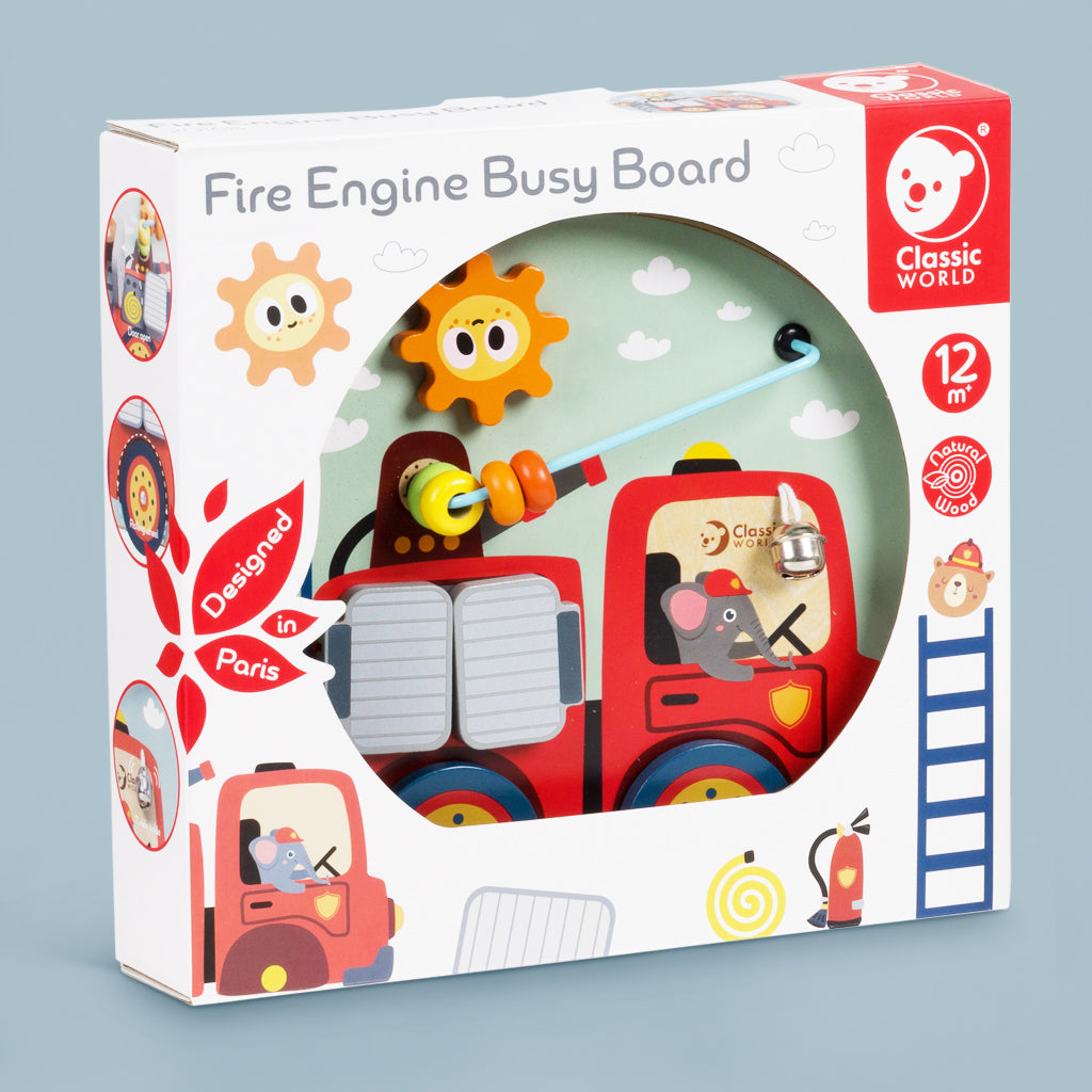 Wooden Fire Engine Busy Board - Montessori Sensory Toy for Toddlers - Fine Motor Skills Activity - Perfect for Travel & Home Play