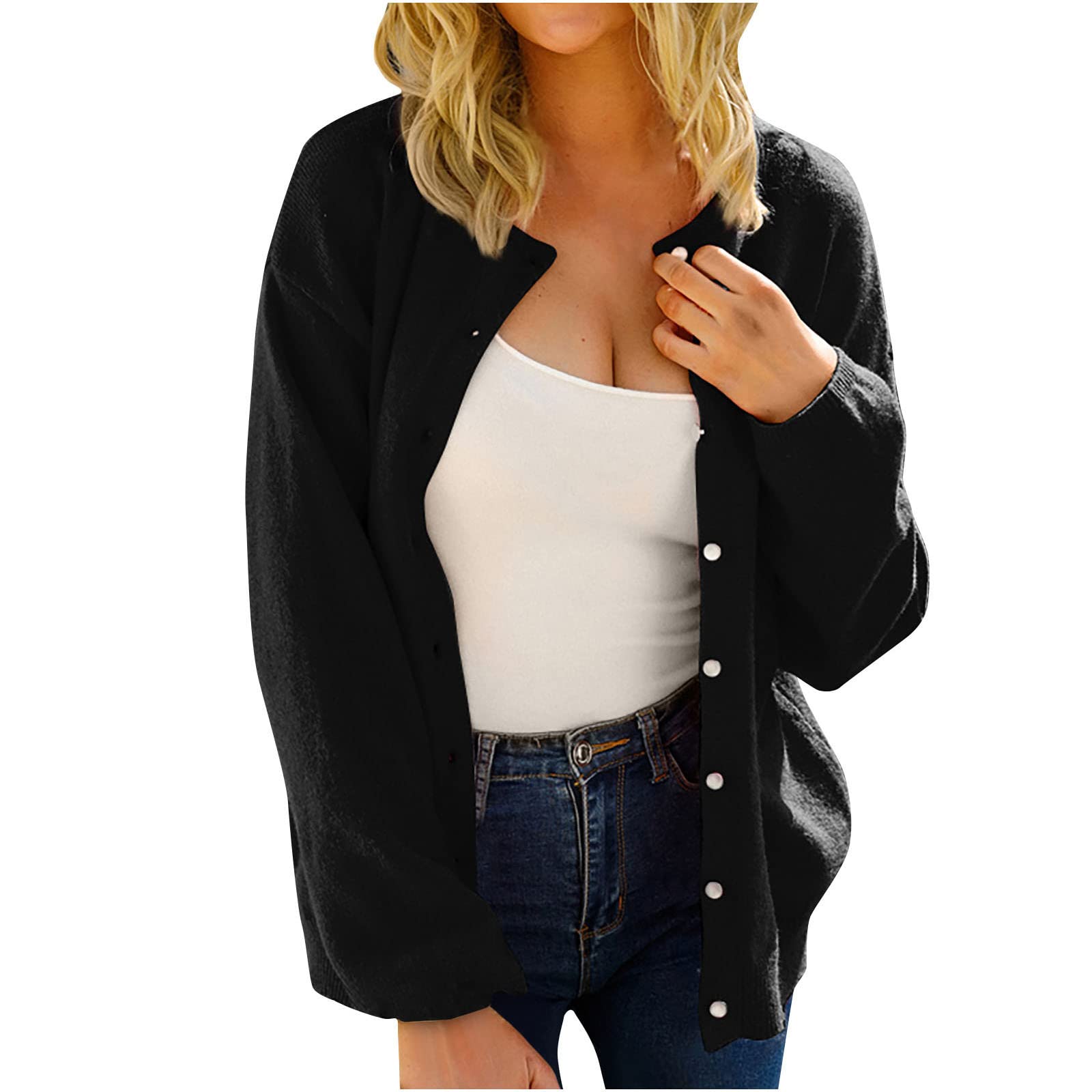 Women's Autumn Casual Button Down Cardigan Sweater - Solid Color Drop Shoulder Long Sleeve Knit Coat | Perfect for Office, Fall Outfits & Cozy Layering